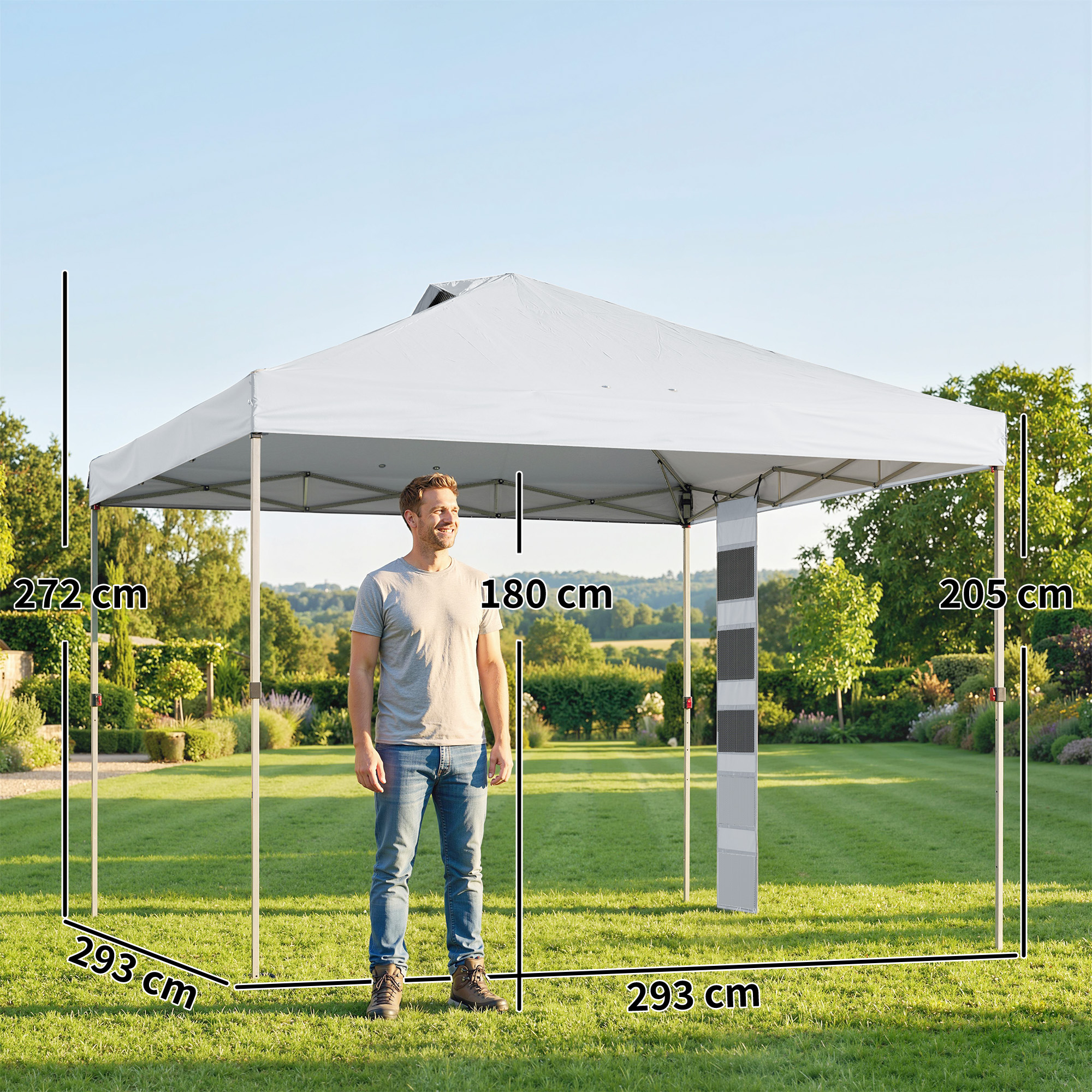 Un uomo sotto un gazebo bianco in giardino. Vengono indicate le dimensioni.