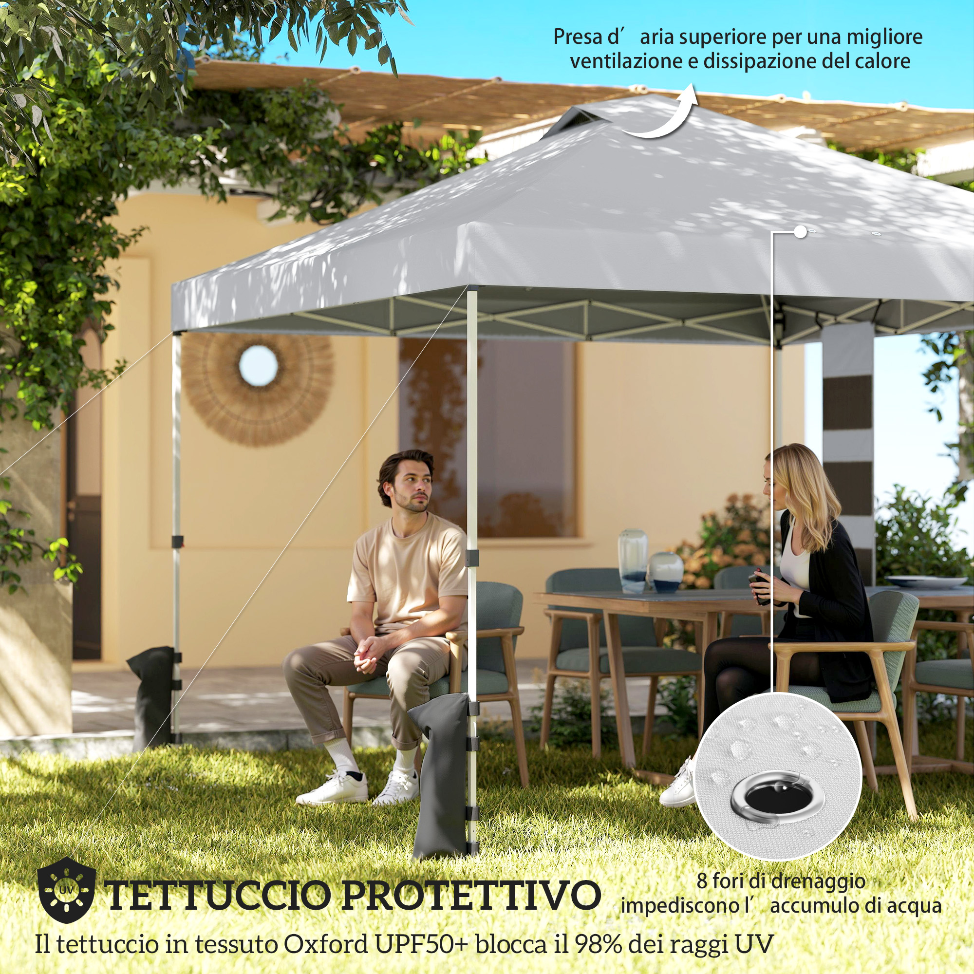 Un uomo e una donna siedono sotto un gazebo bianco in giardino. Vari riquadri di testo.