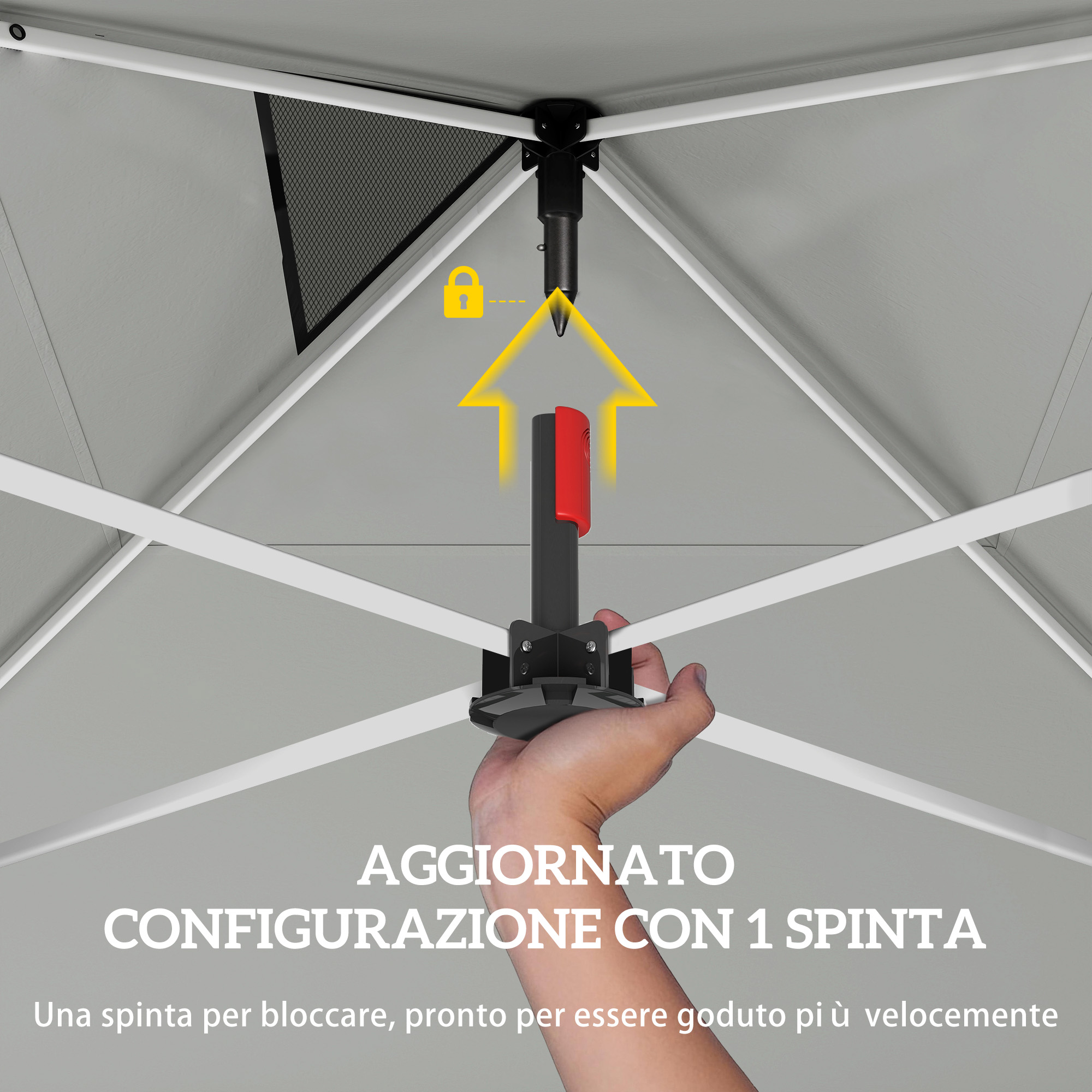Mano aziona un meccanismo rosso e nero sotto la struttura di una tenda.