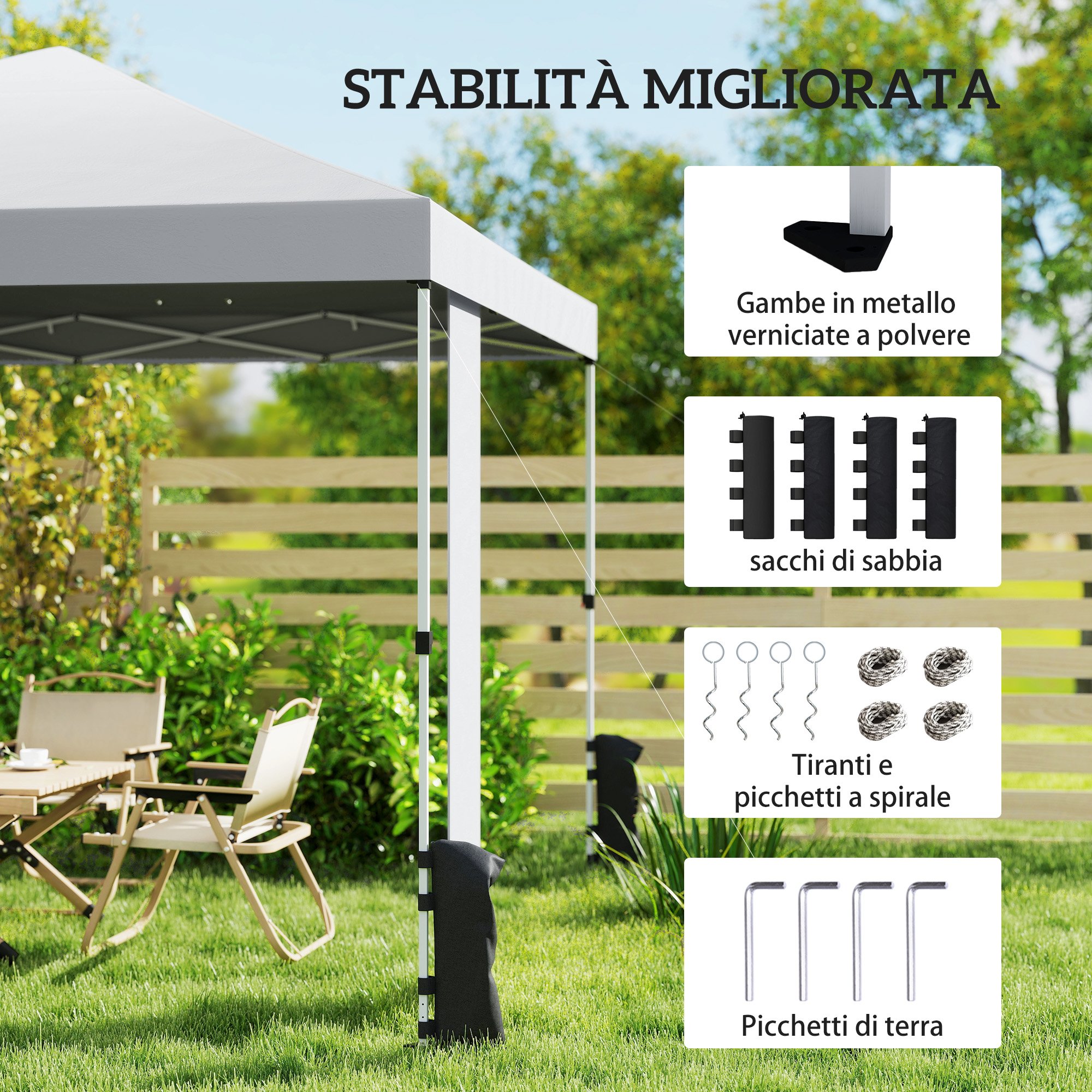 Un gazebo con accessori di stabilità come sacchi di sabbia, picchetti e corde in giardino.