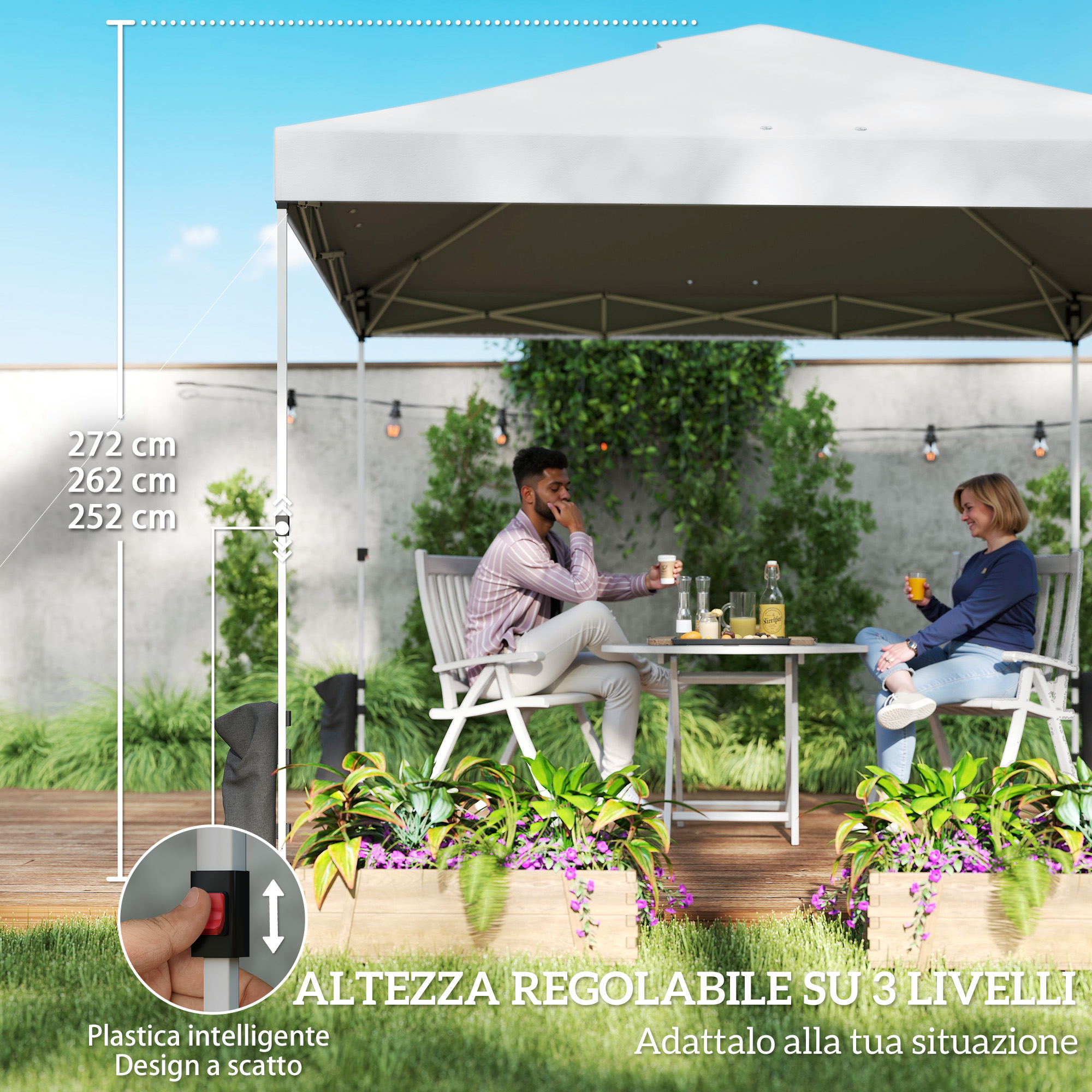 Due persone sedute sotto un gazebo bianco in giardino. Misure di altezza visibili.