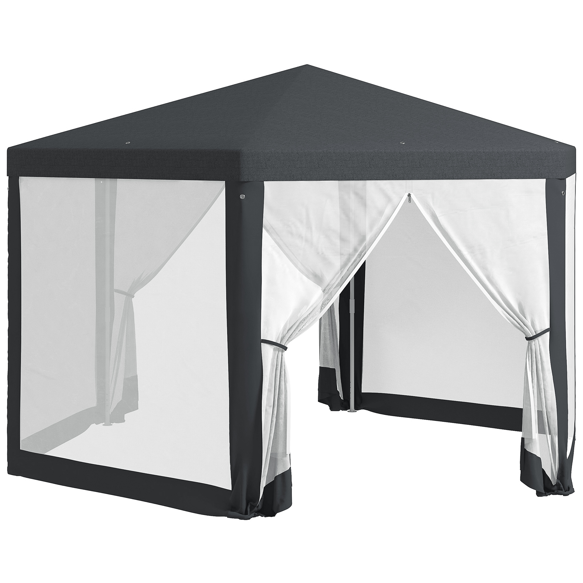 Un gazebo scuro con zanzariere bianche e ingressi aperti.