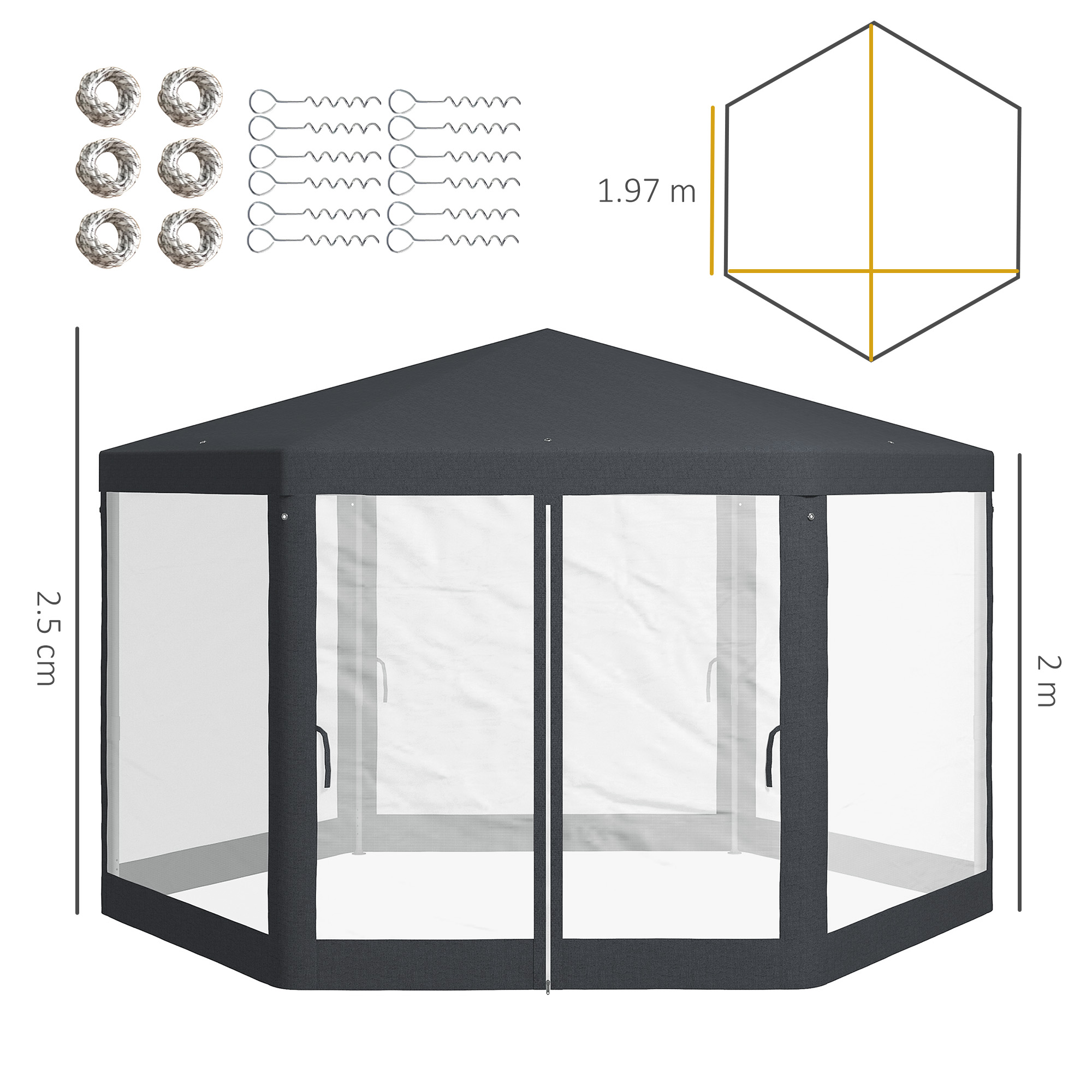 Tenda esagonale grigio scuro con lati trasparenti e accessori.