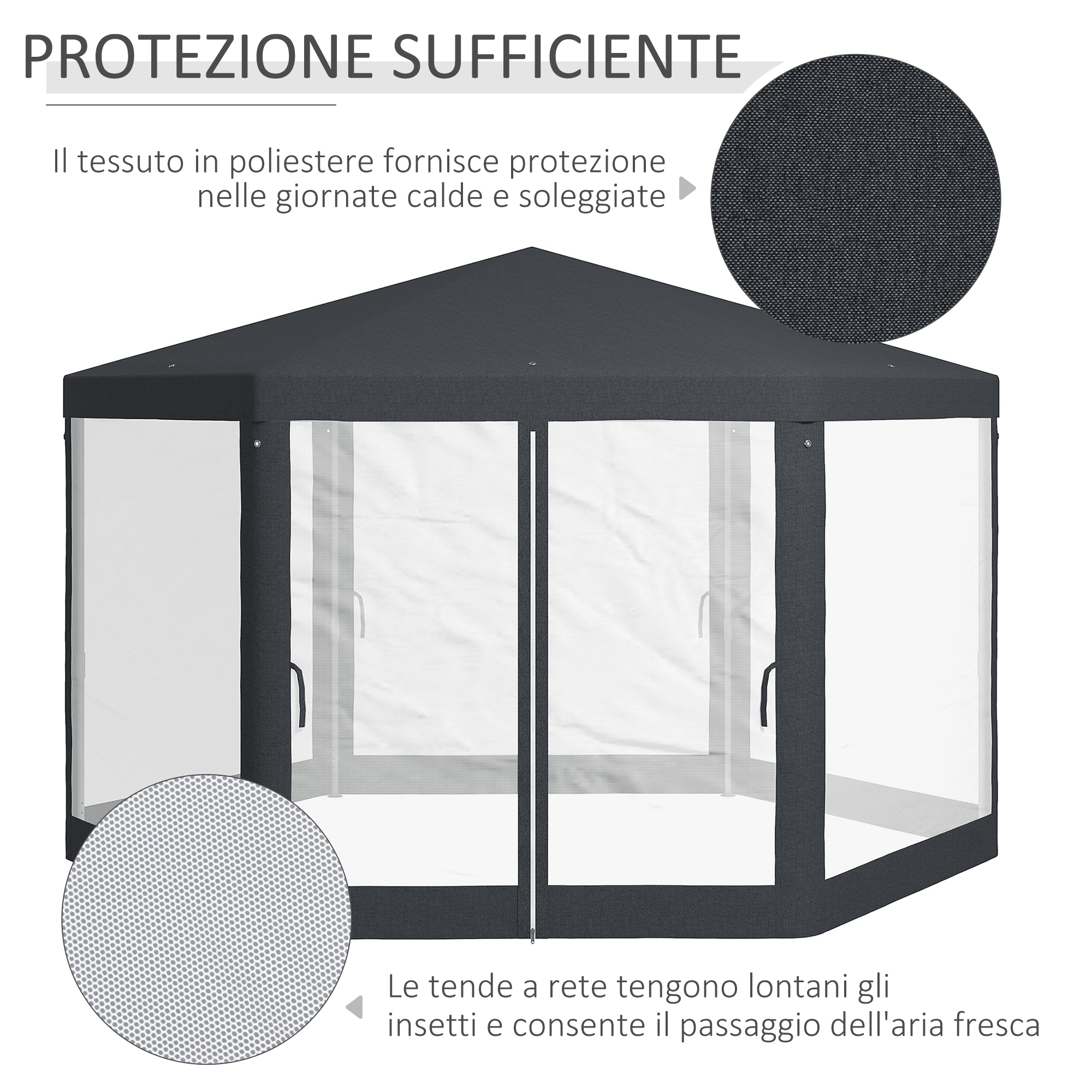Tenda gazebo grigio scuro con finestre in rete e cerniere.