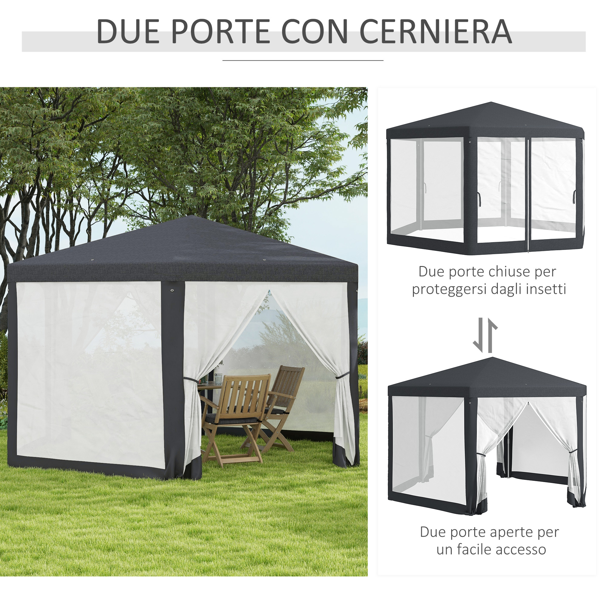 Un gazebo con due porte, una chiusa, una aperta, in giardino.