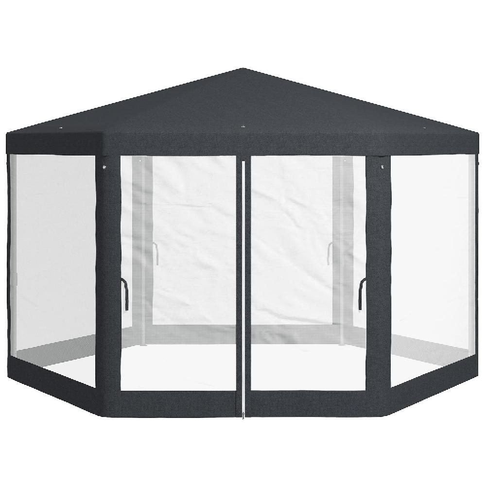 Tenda esagonale grigio scuro con pareti laterali trasparenti e due porte.