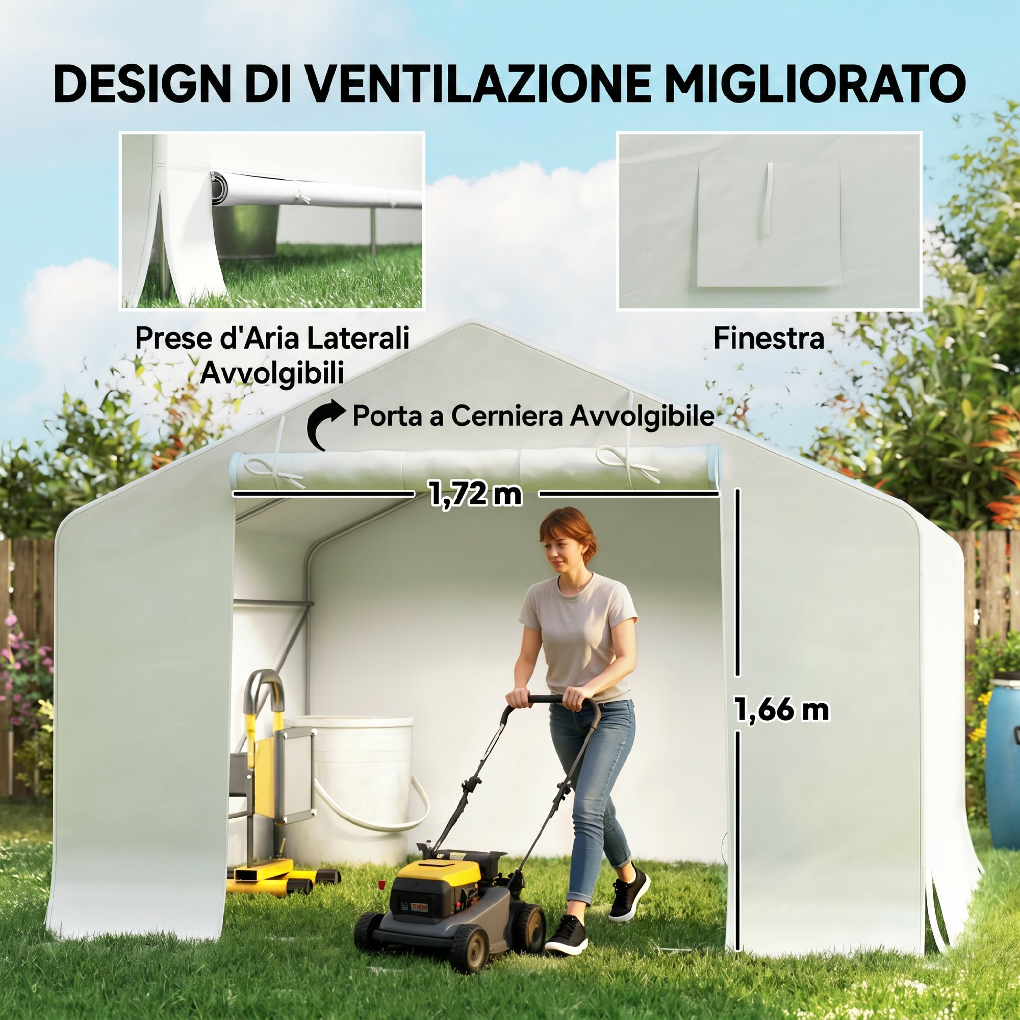 Una donna taglia l'erba con un tosaerba davanti a una tenda bianca con dimensioni.