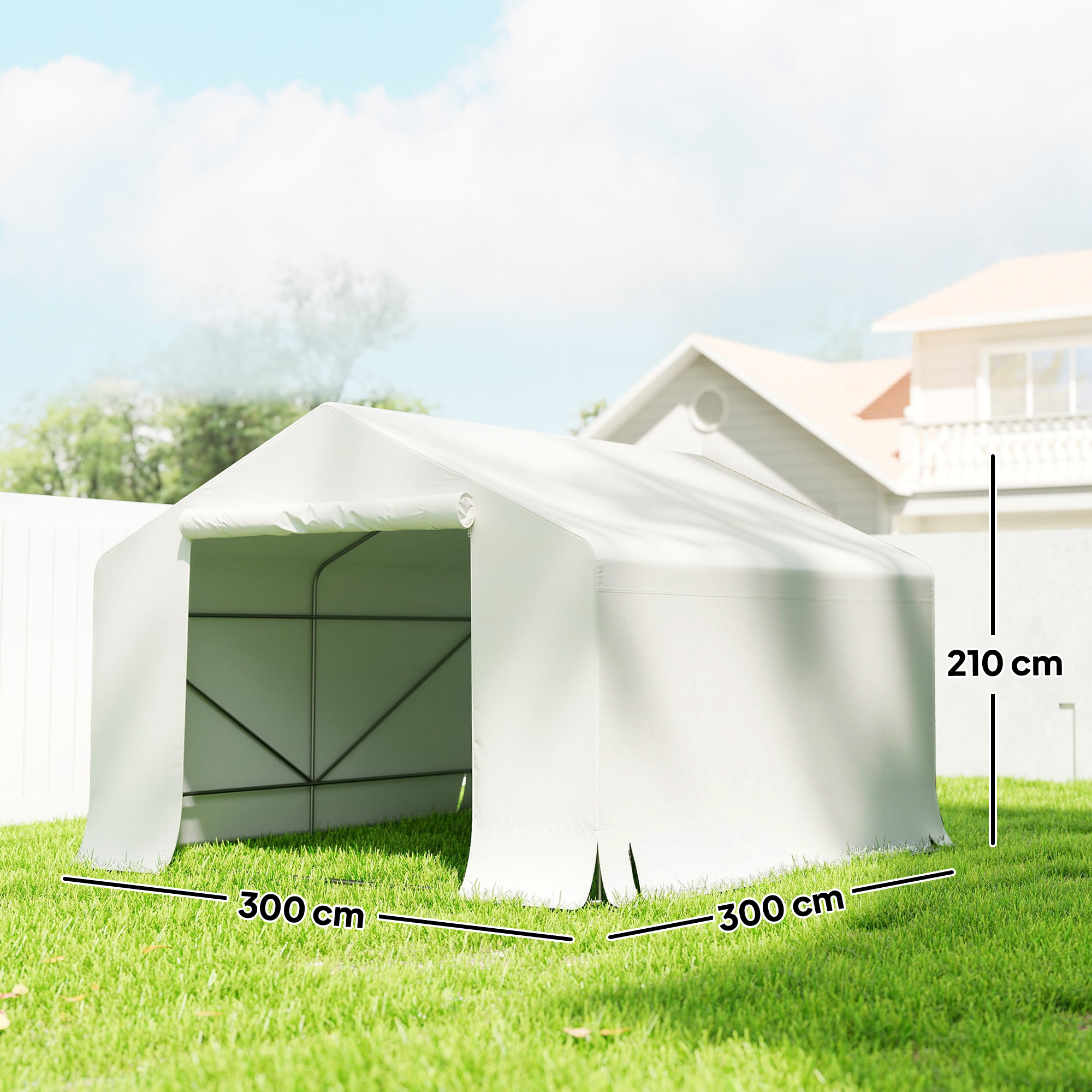 Una tenda bianca di 300x300x210 cm su erba verde.