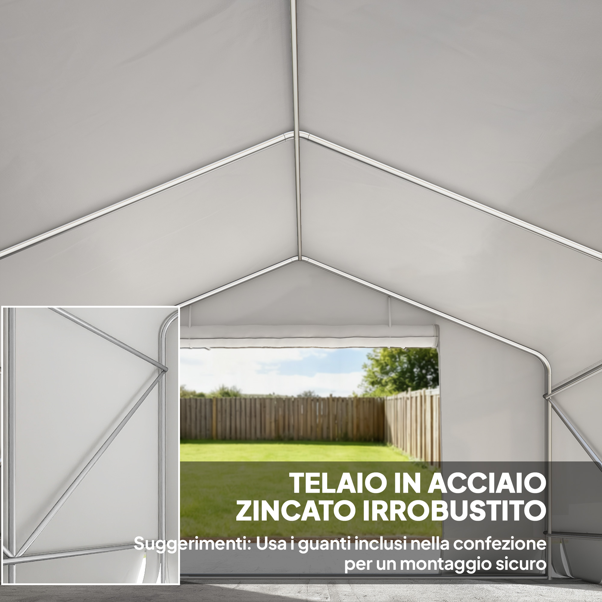 Telaio in acciaio zincato irrobustito. Guanti inclusi per un montaggio sicuro.