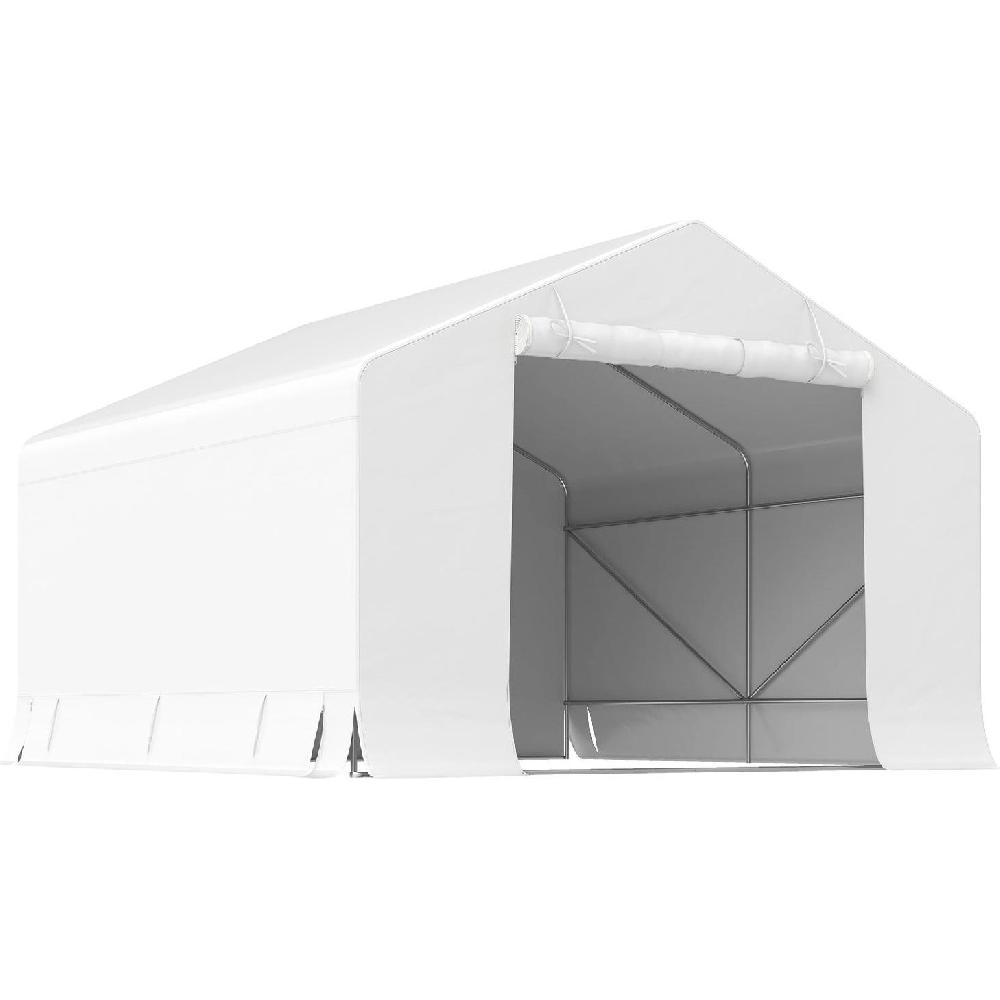 Una tenda bianca con telaio in metallo e ingresso aperto.