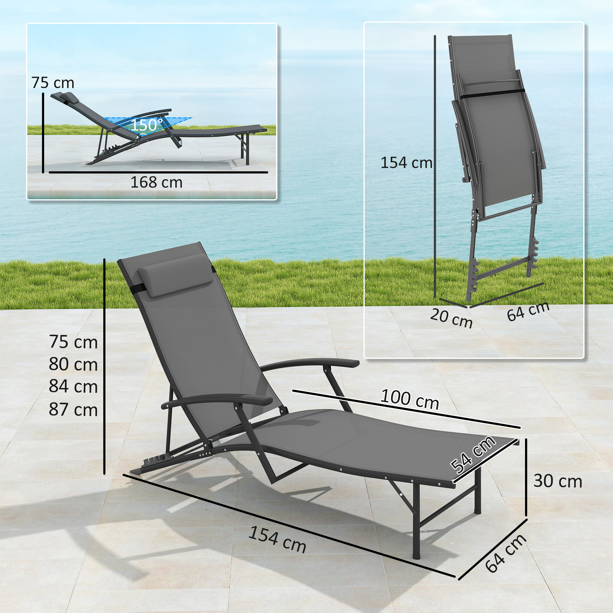 Sdraio grigio con dimensioni, su un patio piastrellato sul mare.