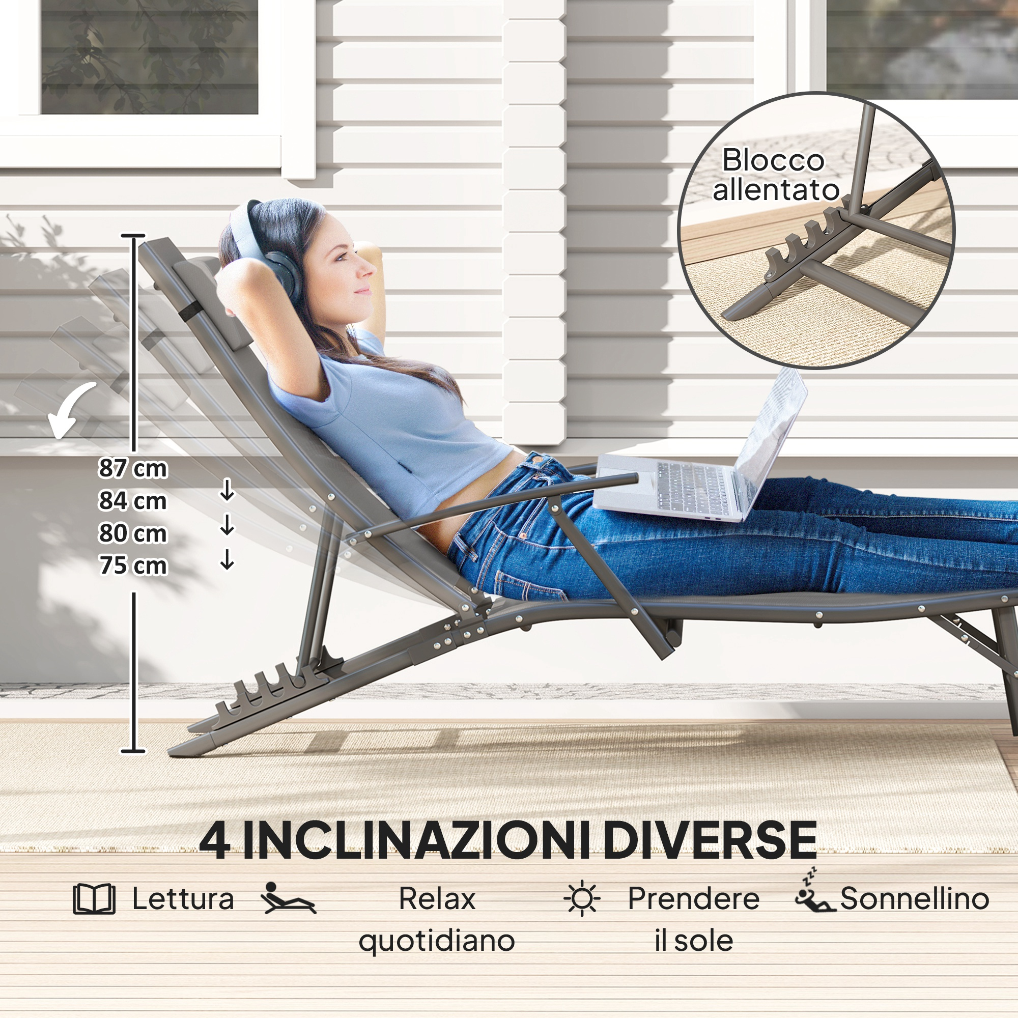 Una donna si rilassa su una sdraio grigia con cuffie e laptop. Vengono mostrate le misure.
