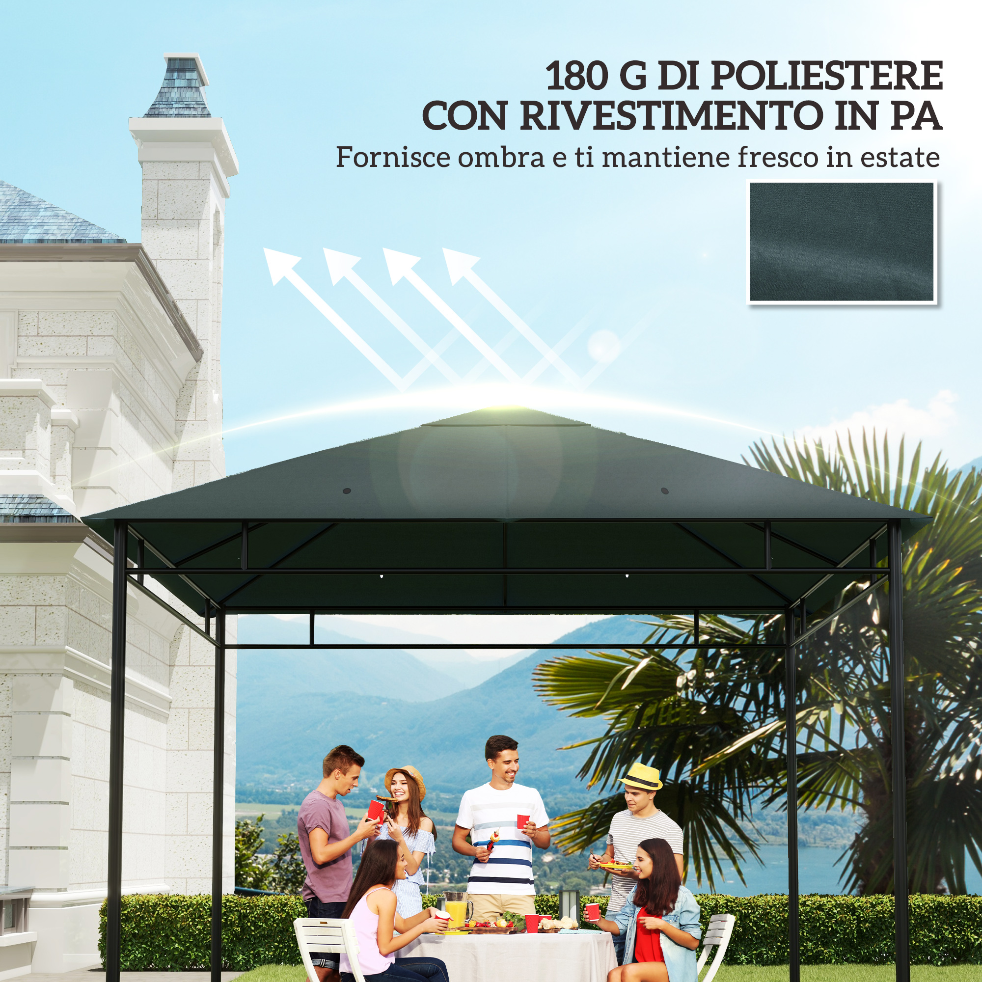 Persone che fanno un picnic sotto un gazebo scuro con vista sulle montagne.
