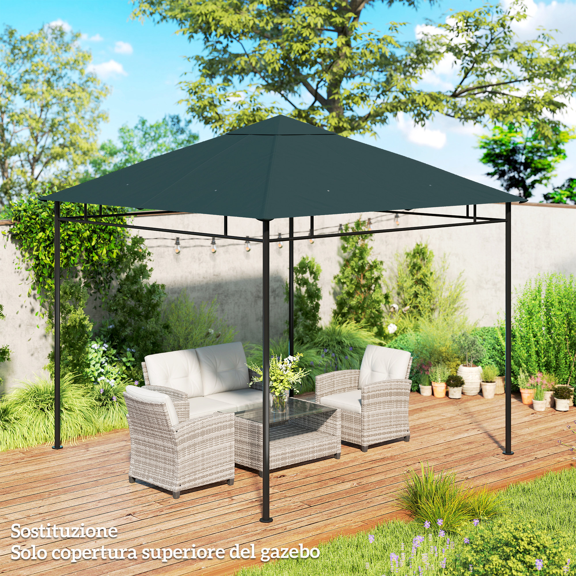 Un gazebo scuro su un ponte di legno con mobili da esterno e piante.