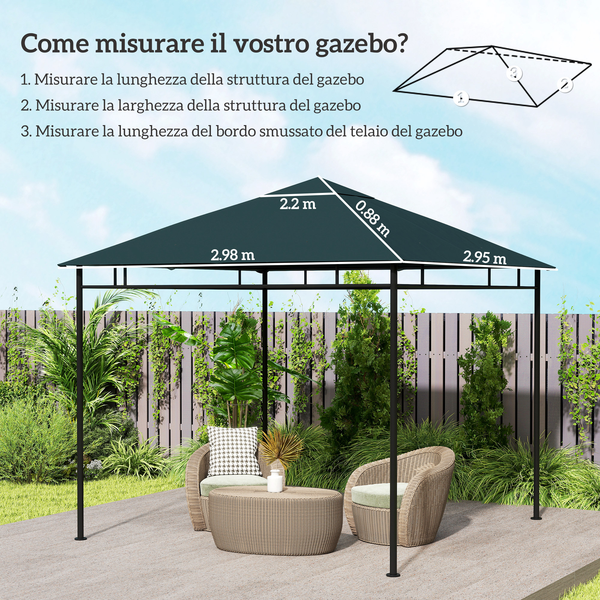 Tetto gazebo verde scuro con misure, due poltrone in vimini e tavolino.