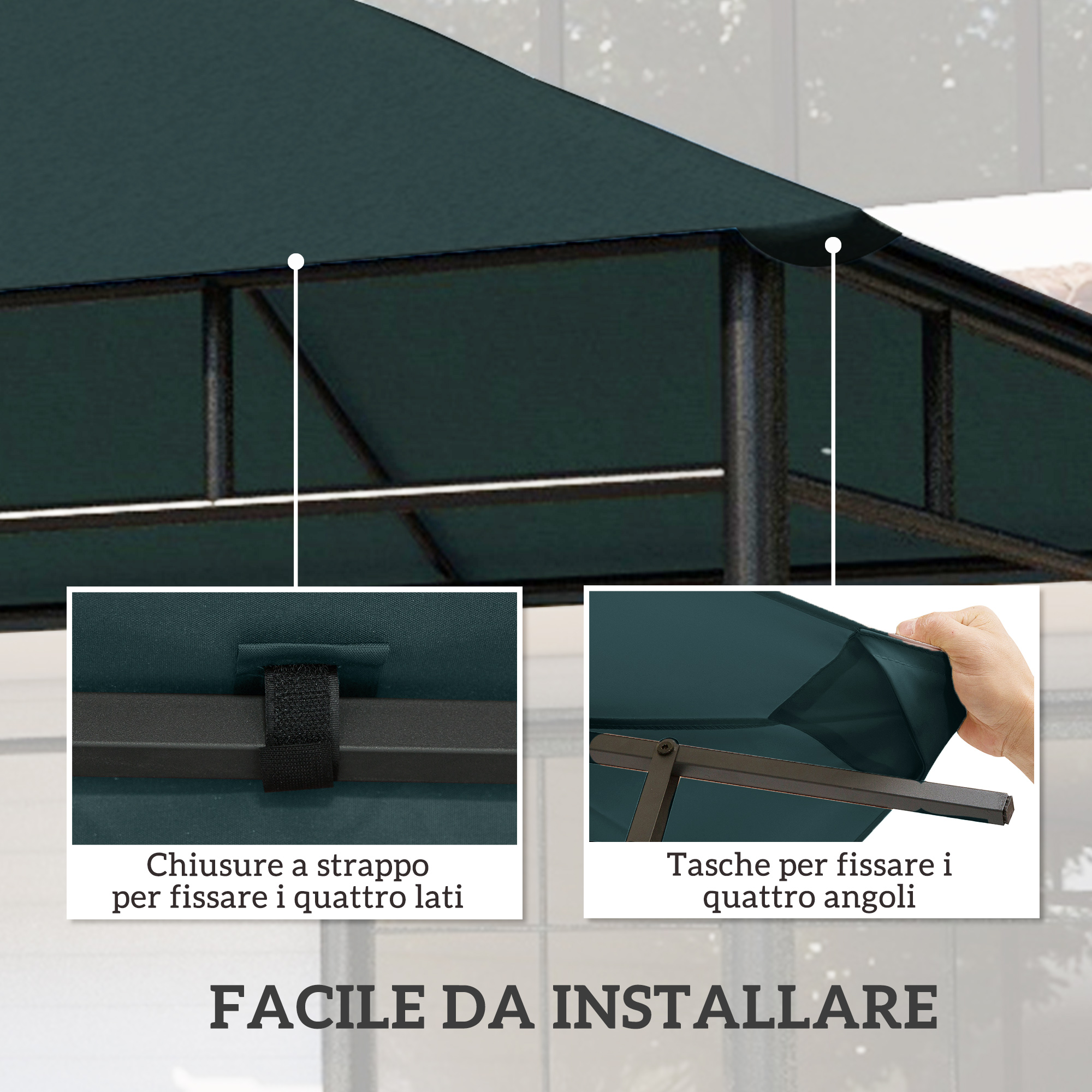 Tenda verde scuro con telaio in metallo nero, chiusure a strappo e tasche angolari.