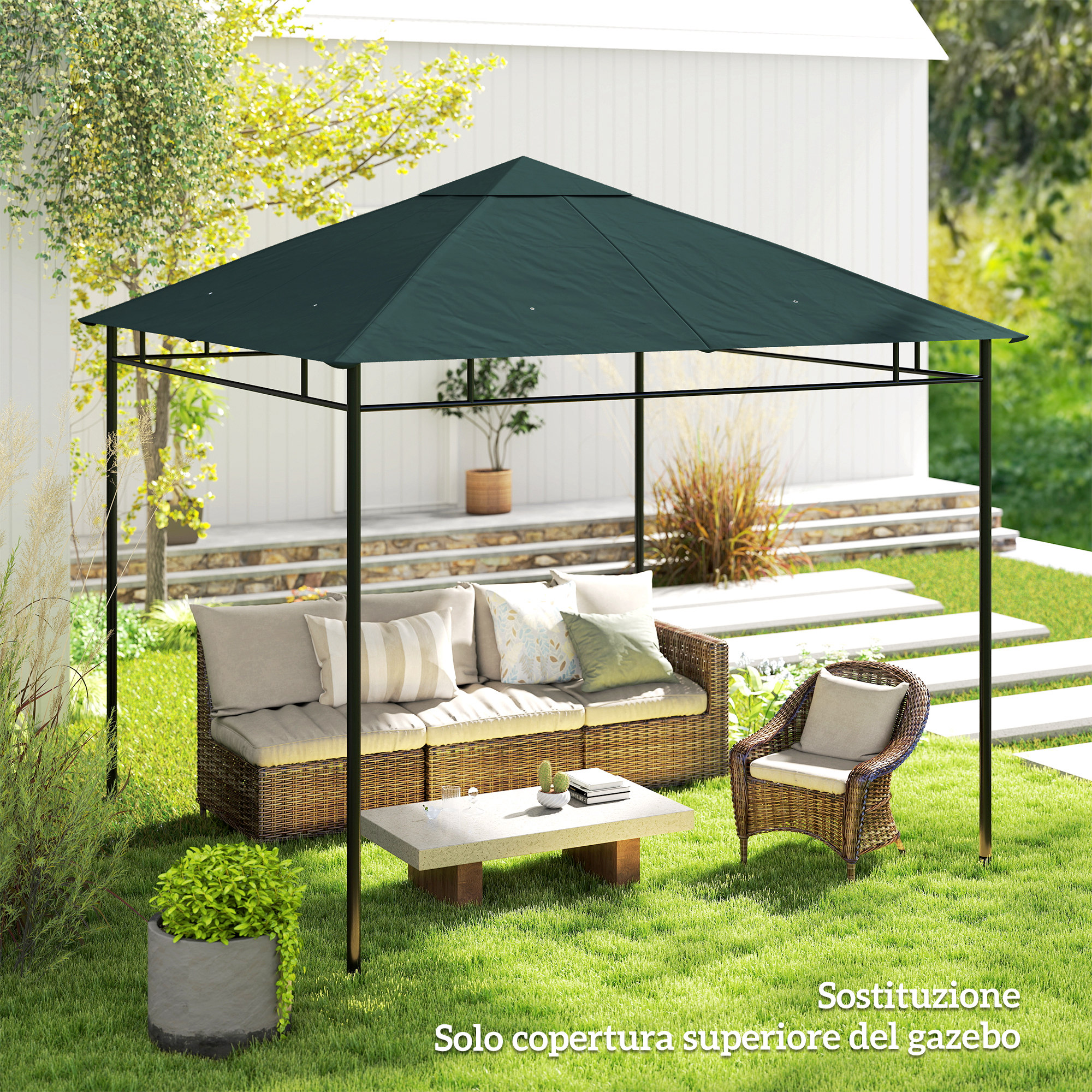 Un gazebo verde scuro con mobili da giardino su un prato.