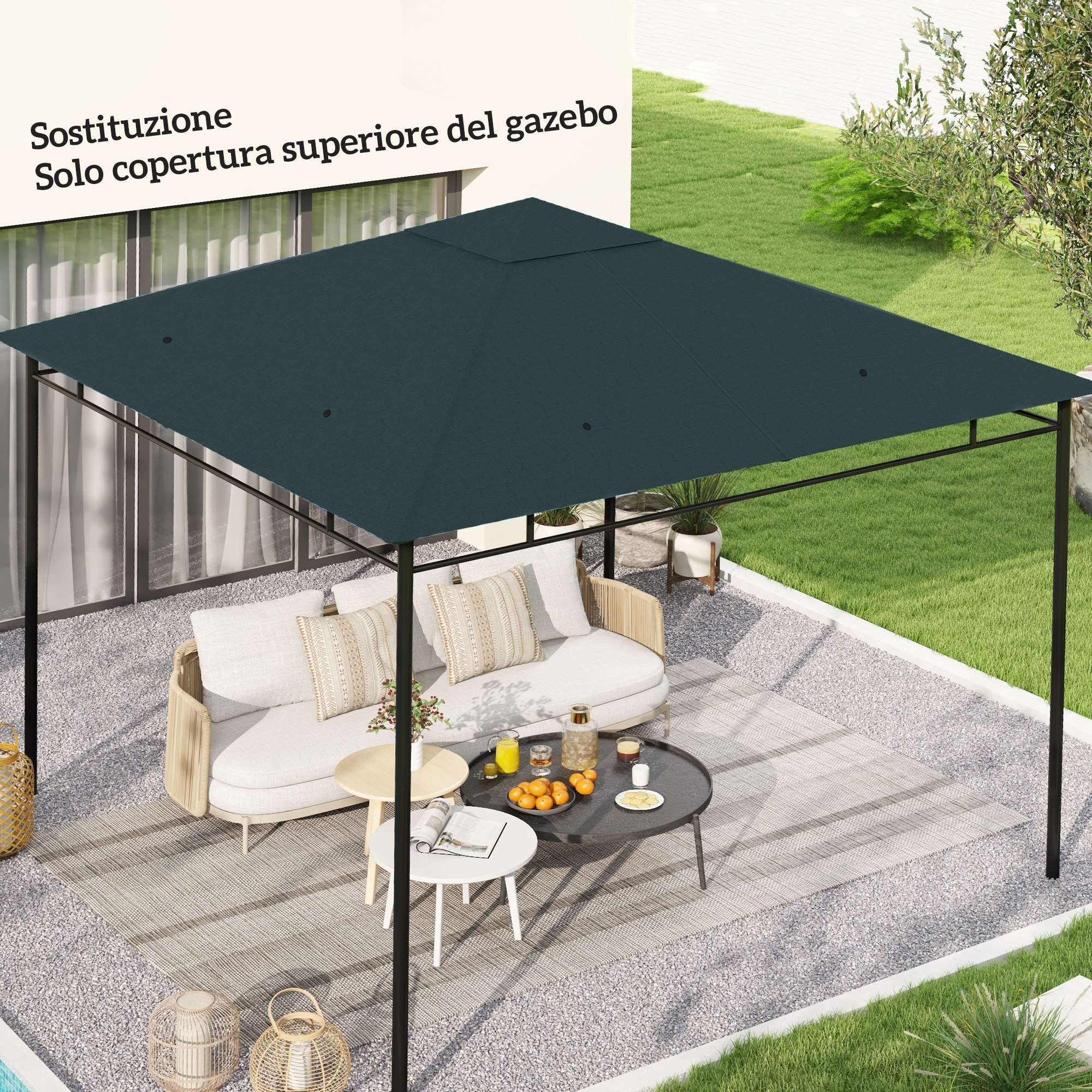 Un gazebo scuro con divano beige e tavoli su ghiaia e tappeto.
