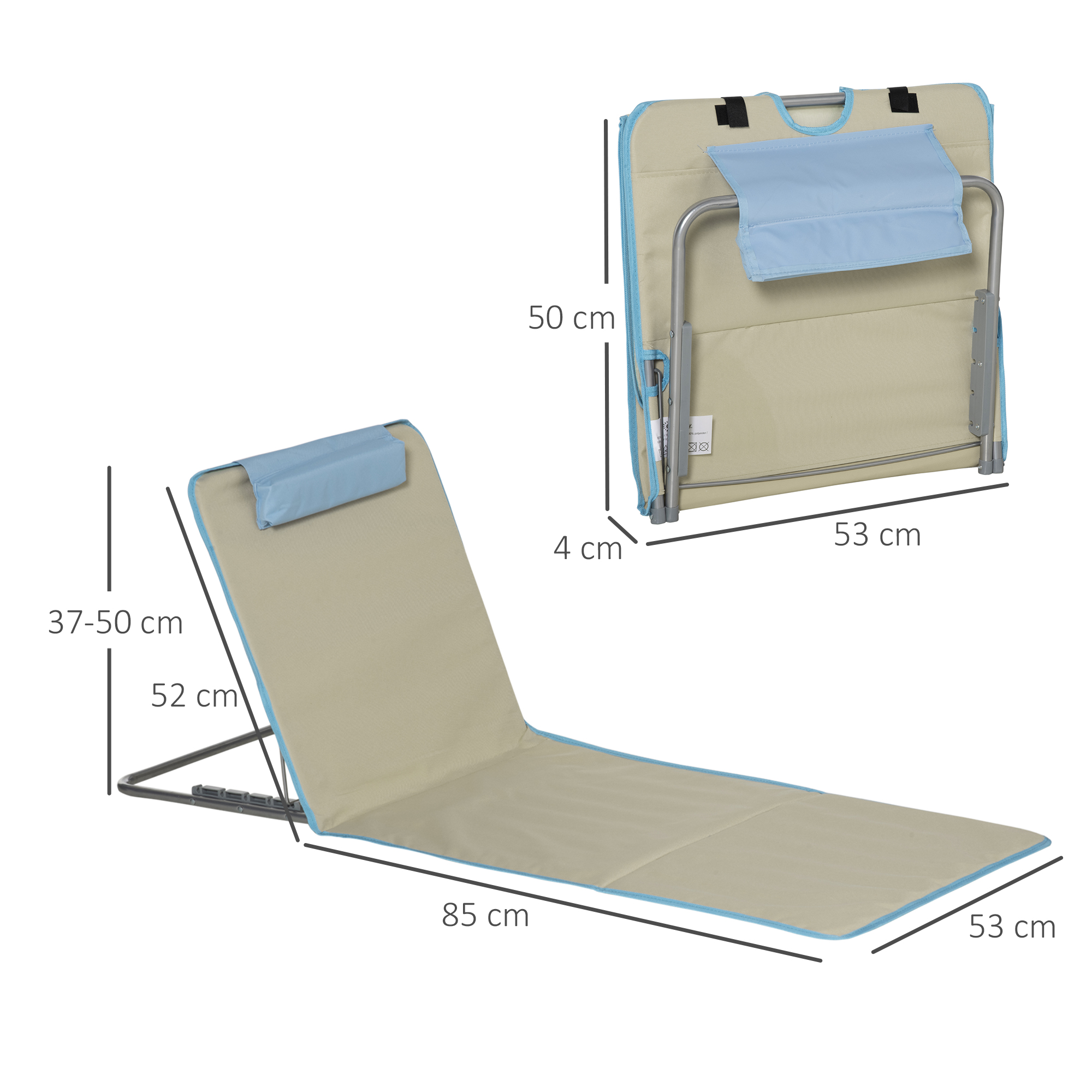 Sdraio da spiaggia beige e azzurro con dimensioni in cm. Piegato e spiegato.
