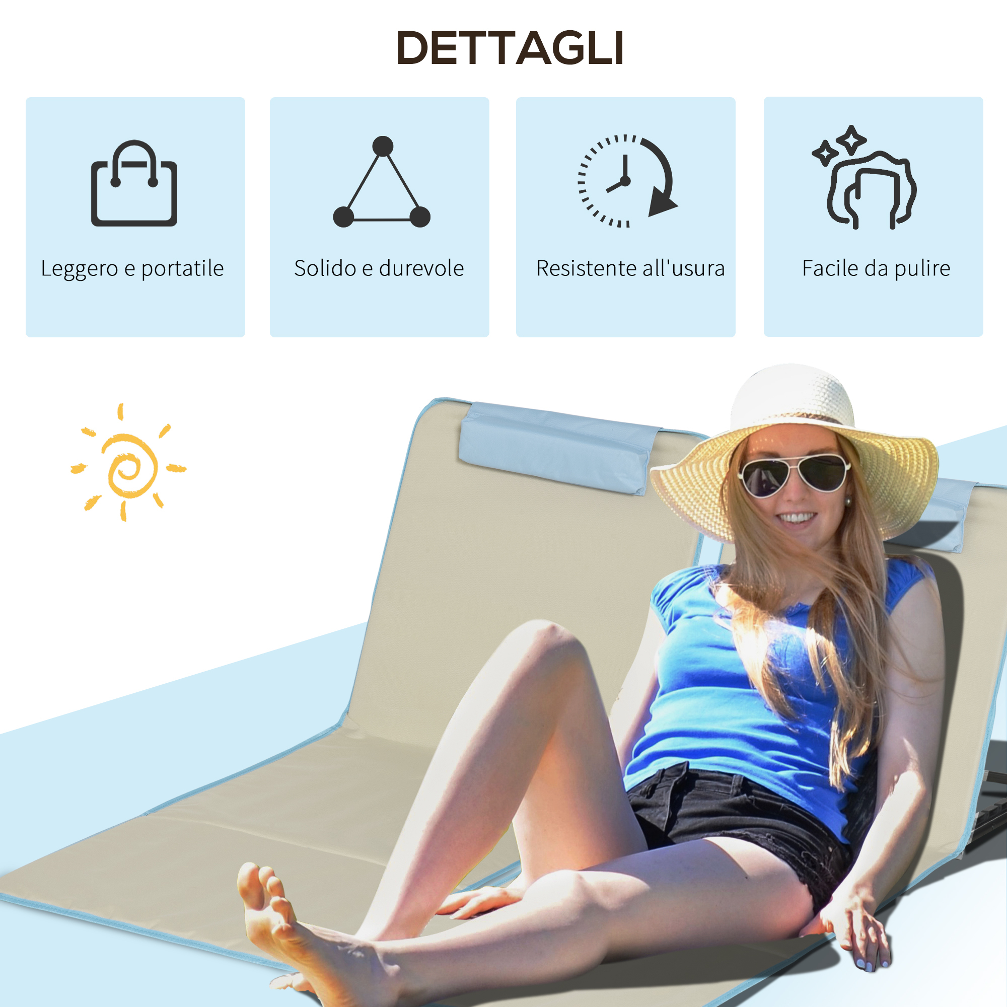 Donna su lettino con cappello e occhiali da sole in una giornata di sole.