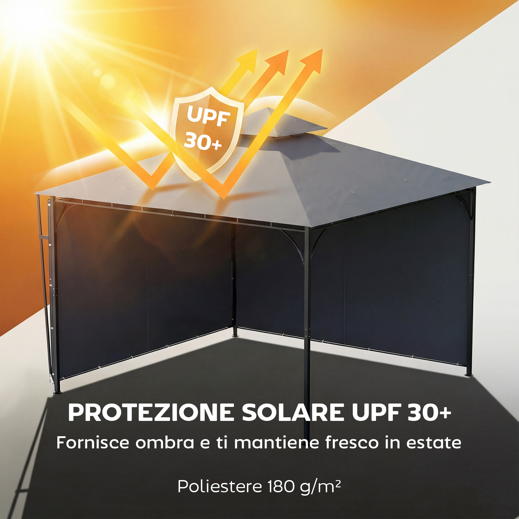 Un gazebo scuro con protezione solare UPF 30+ e frecce che bloccano i raggi solari.