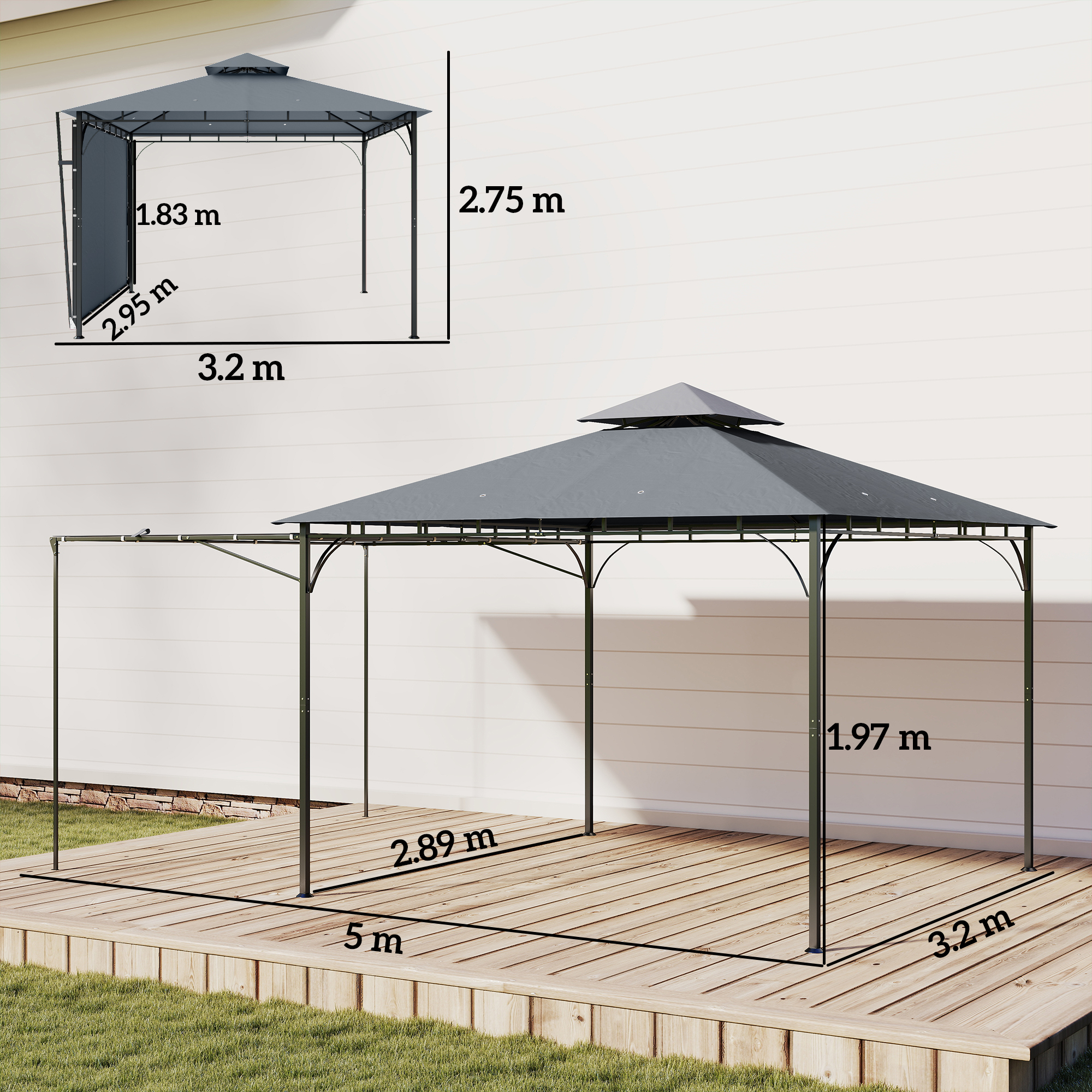 Una tenda gazebo grigia con dimensioni su un ponte di legno.