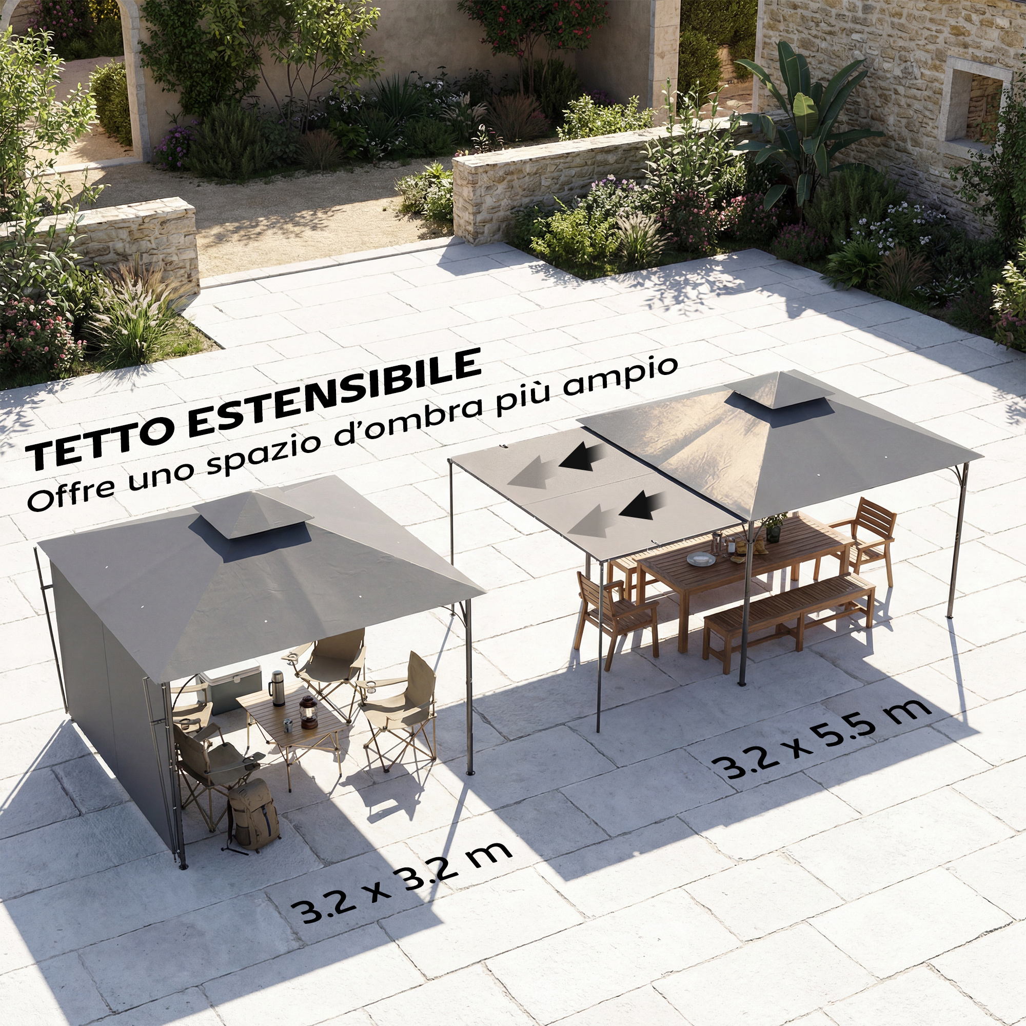 Un tetto estensibile con tavoli e sedie all'aperto, che mostra le dimensioni.