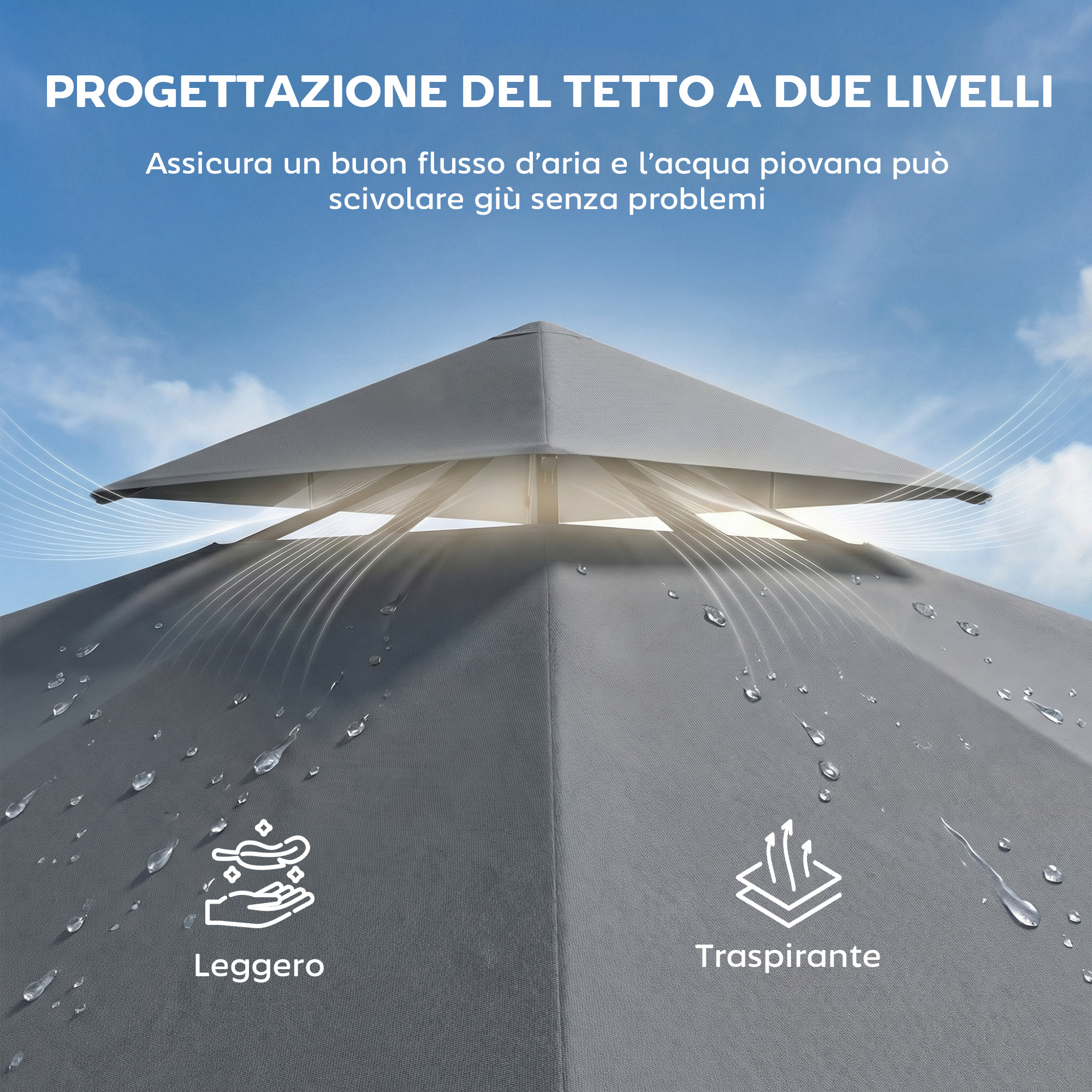 Design grigio a due livelli con gocce d'acqua. Grafica del flusso d'aria.