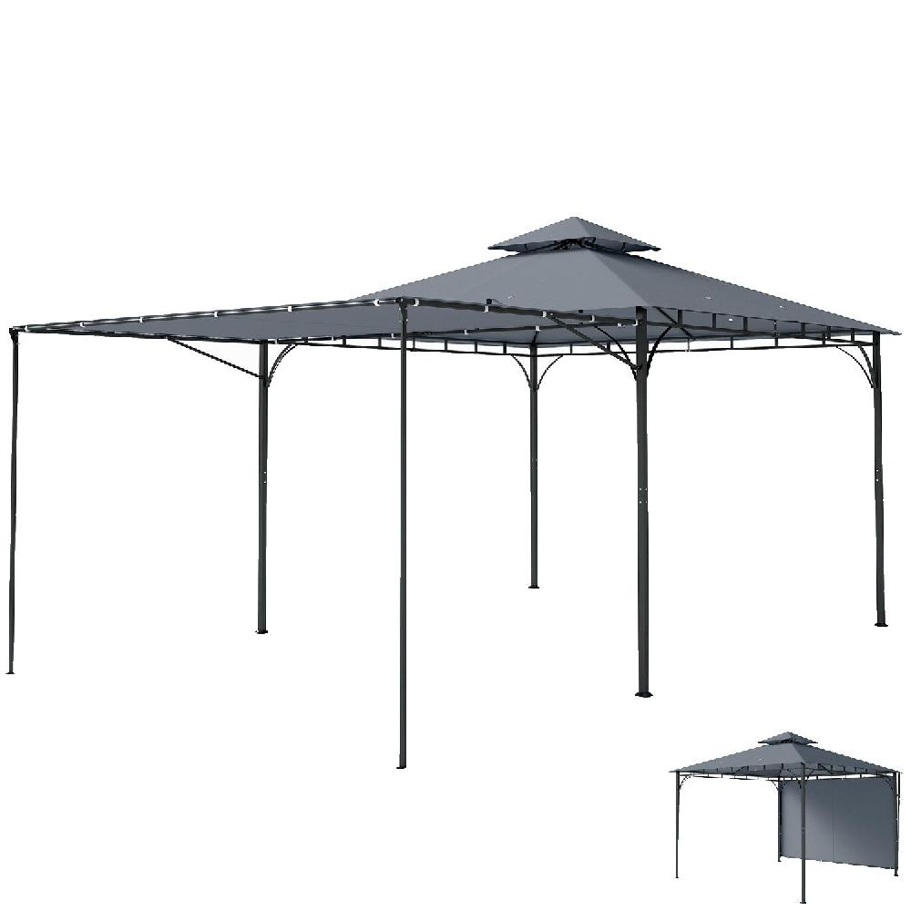 Una gazebo grigia con tetto a doppio livello e quattro pali di supporto.