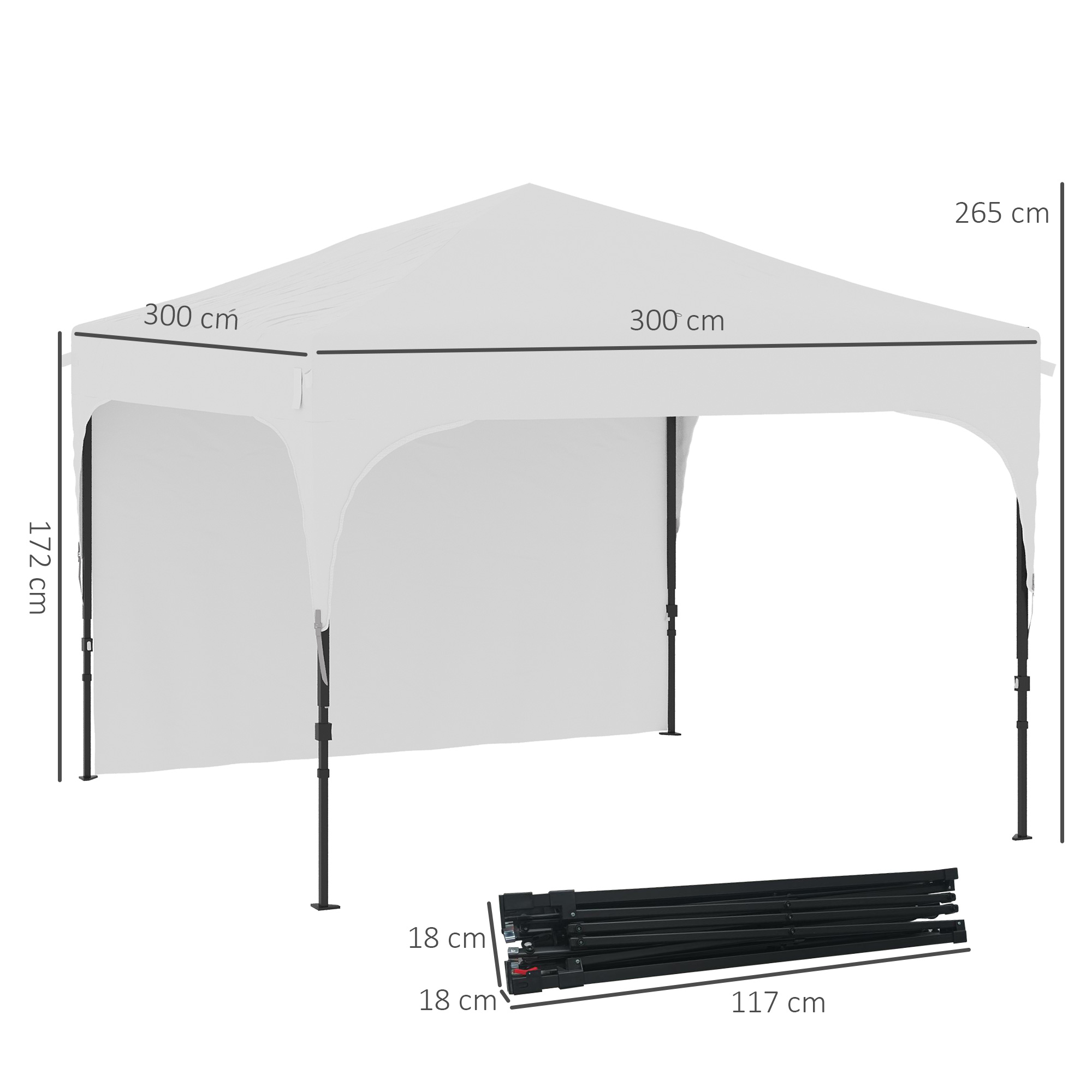 Una tenda a baldacchino bianca con pali neri e dimensioni. Sotto, un telaio nero piegato.