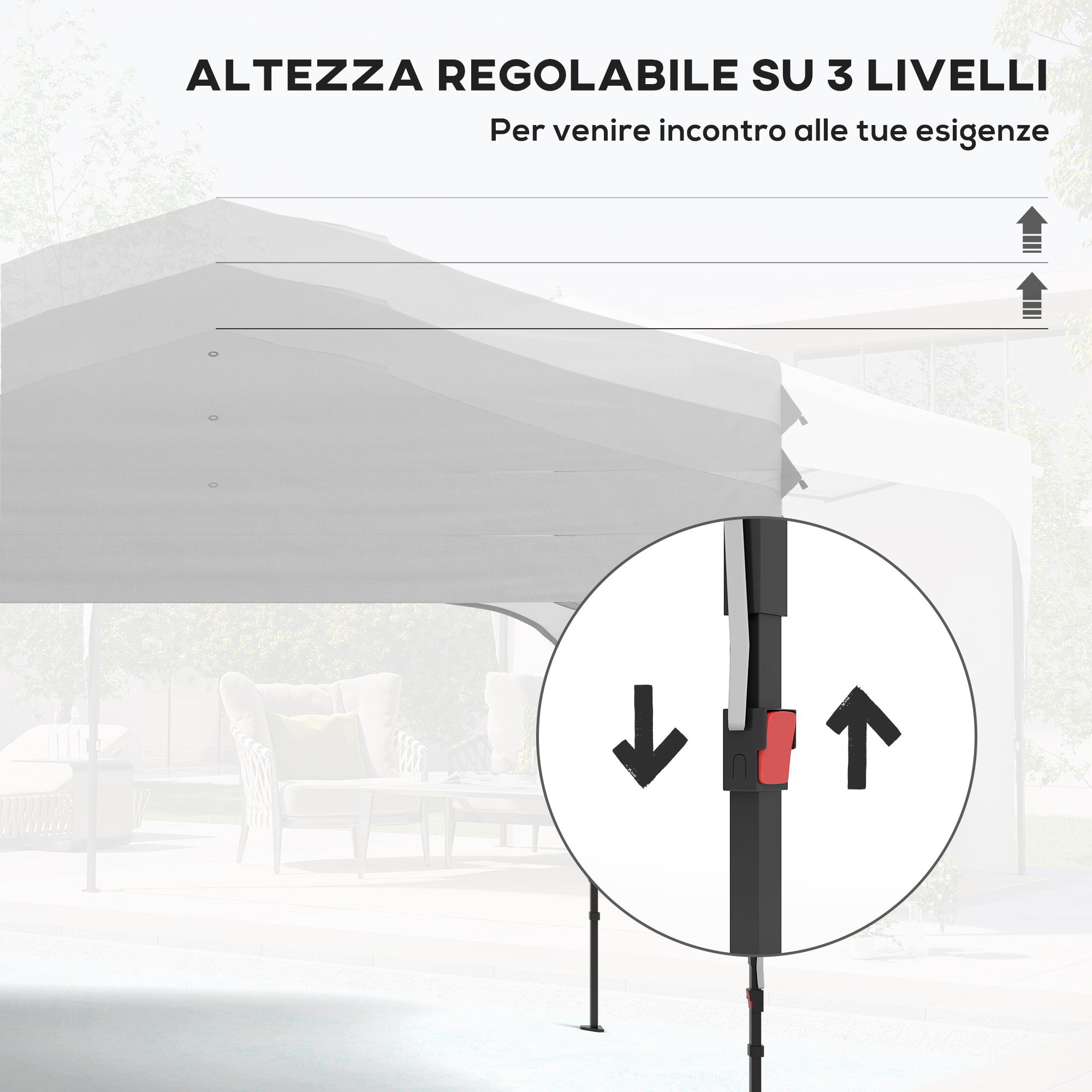 Altezza regolabile su 3 livelli con frecce e primo piano del meccanismo di regolazione.