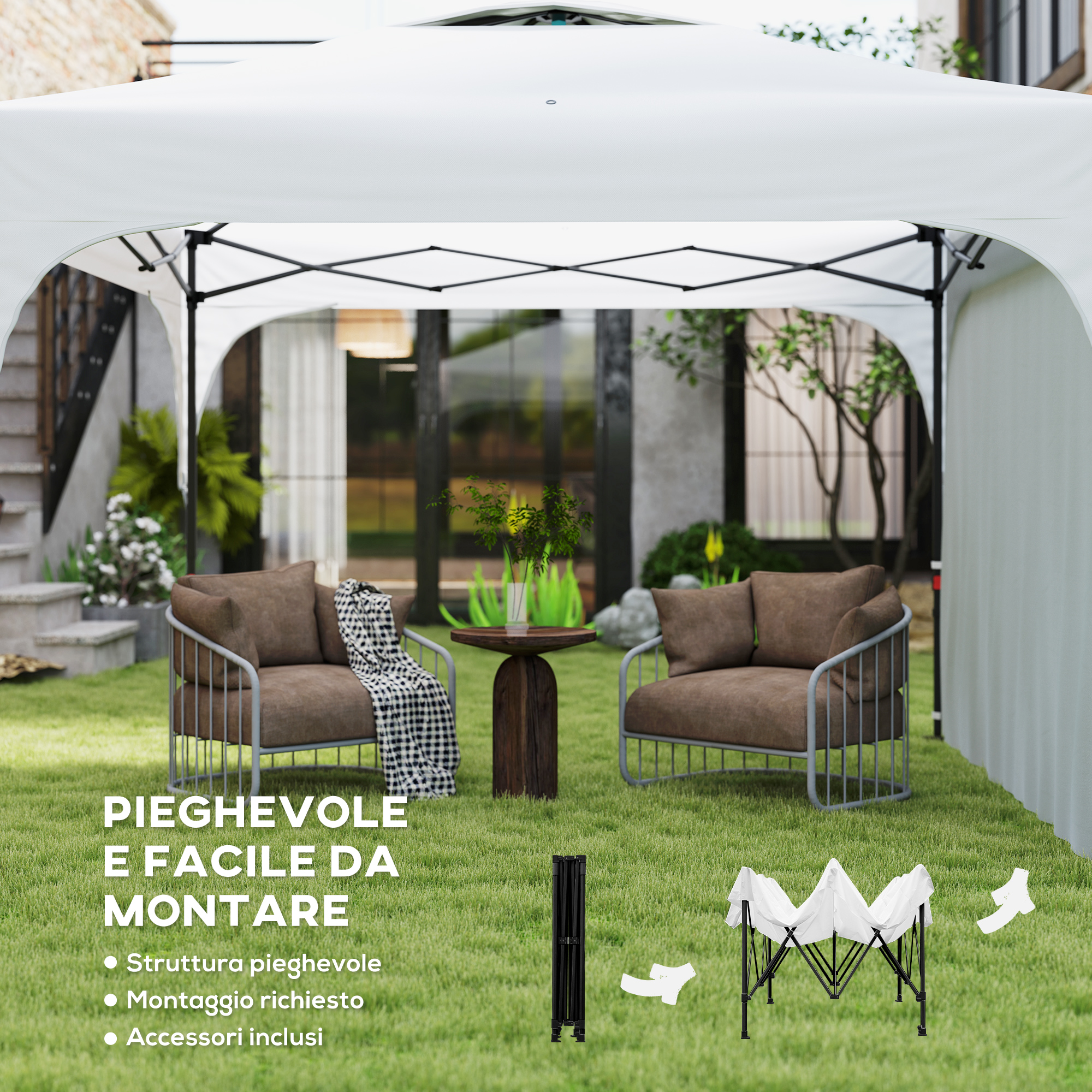 Un gazebo bianco in giardino con due poltrone marroni, un tavolino e strutture pieghevoli.