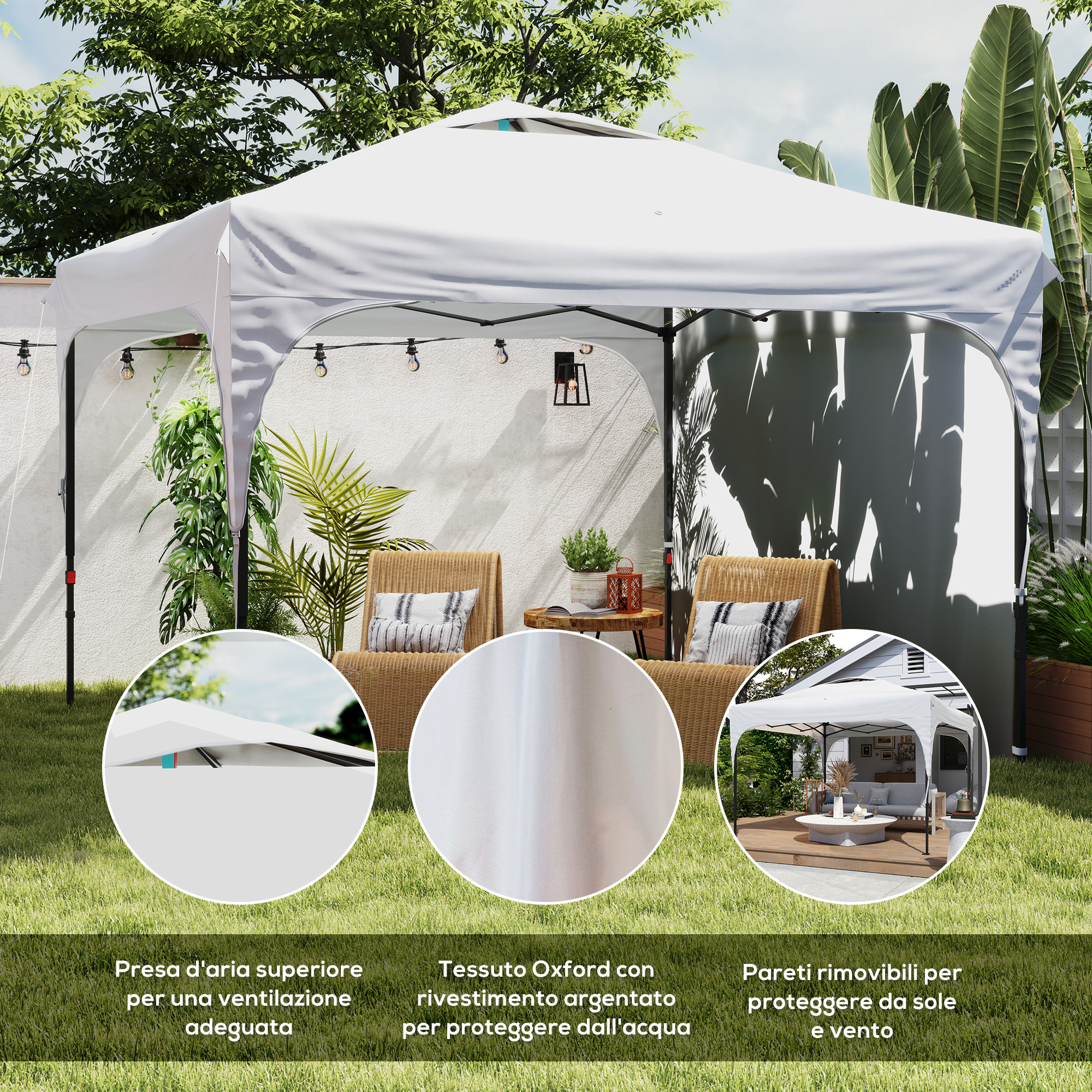 Tenda bianca da giardino con sedute, piante e luci.
