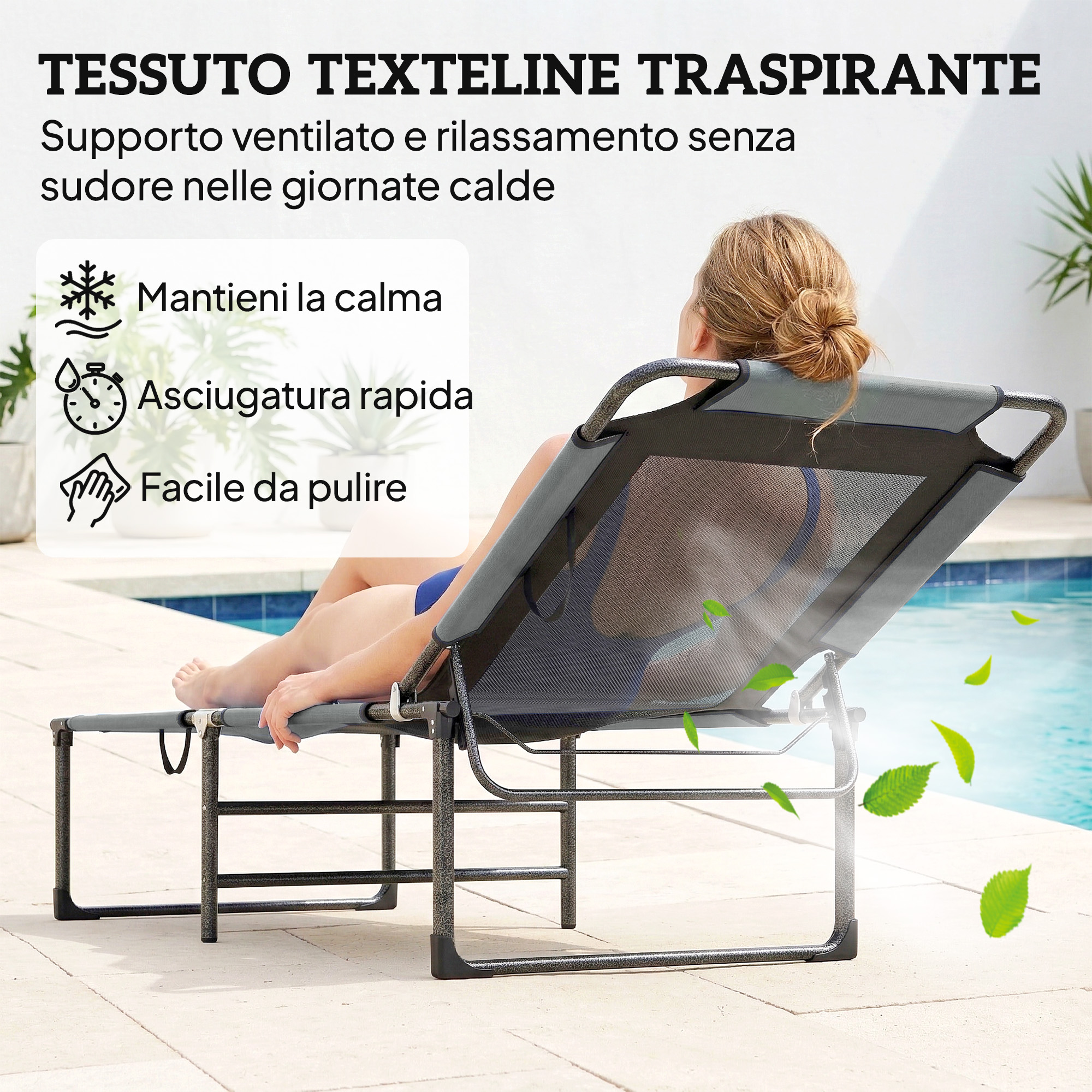 Donna rilassata su lettino da piscina. Testo su tessuto traspirante.