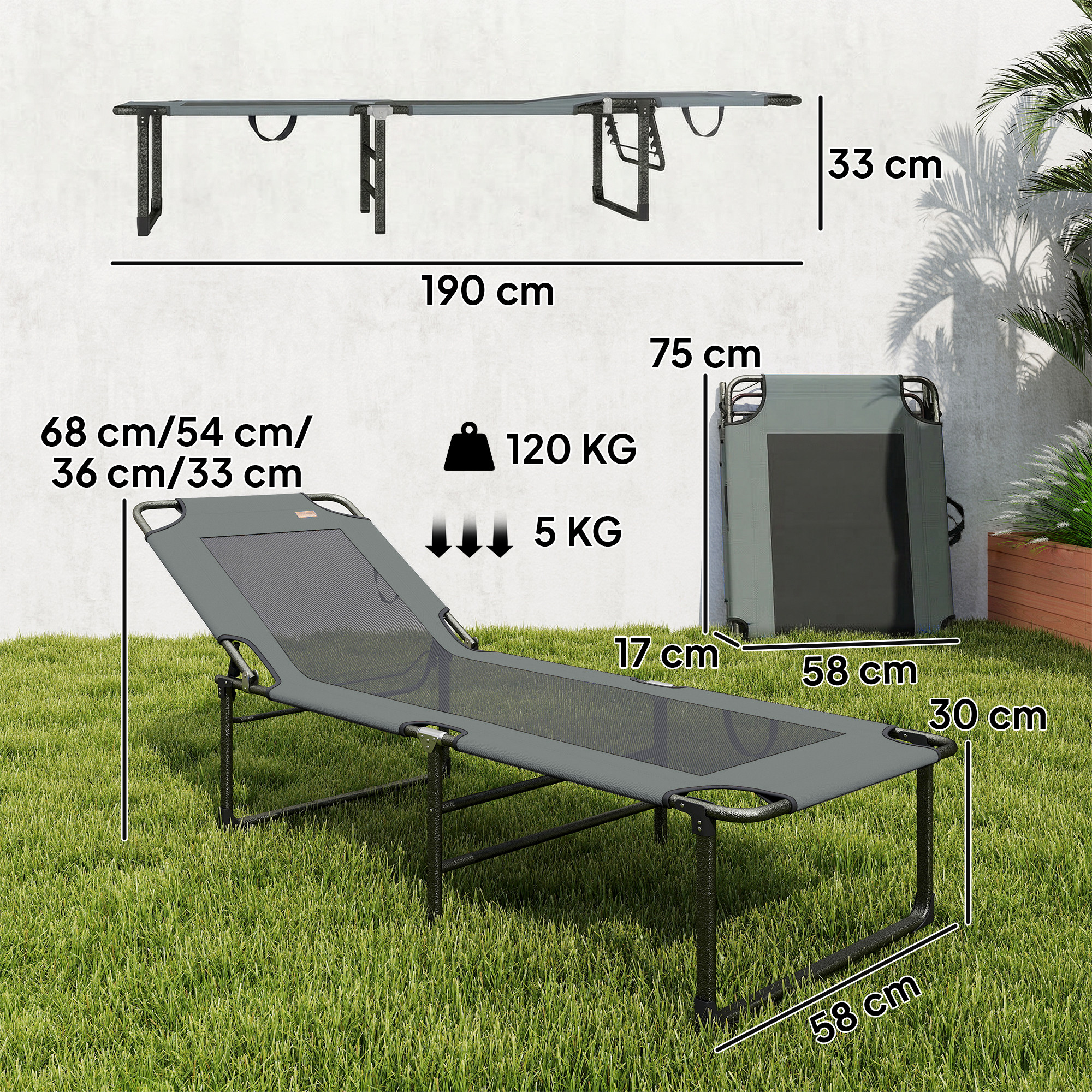 Lettino grigio, dimensioni 190x75x33cm, portata 120kg, peso 5kg.