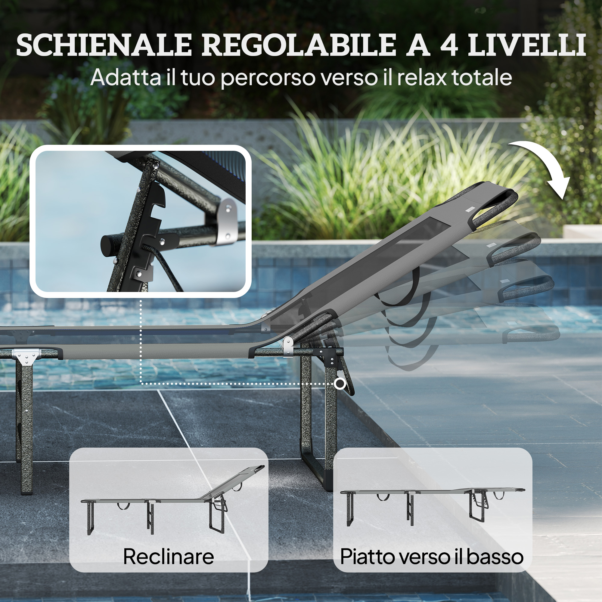 Schienale regolabile a 4 livelli con dettaglio meccanismo e due posizioni.