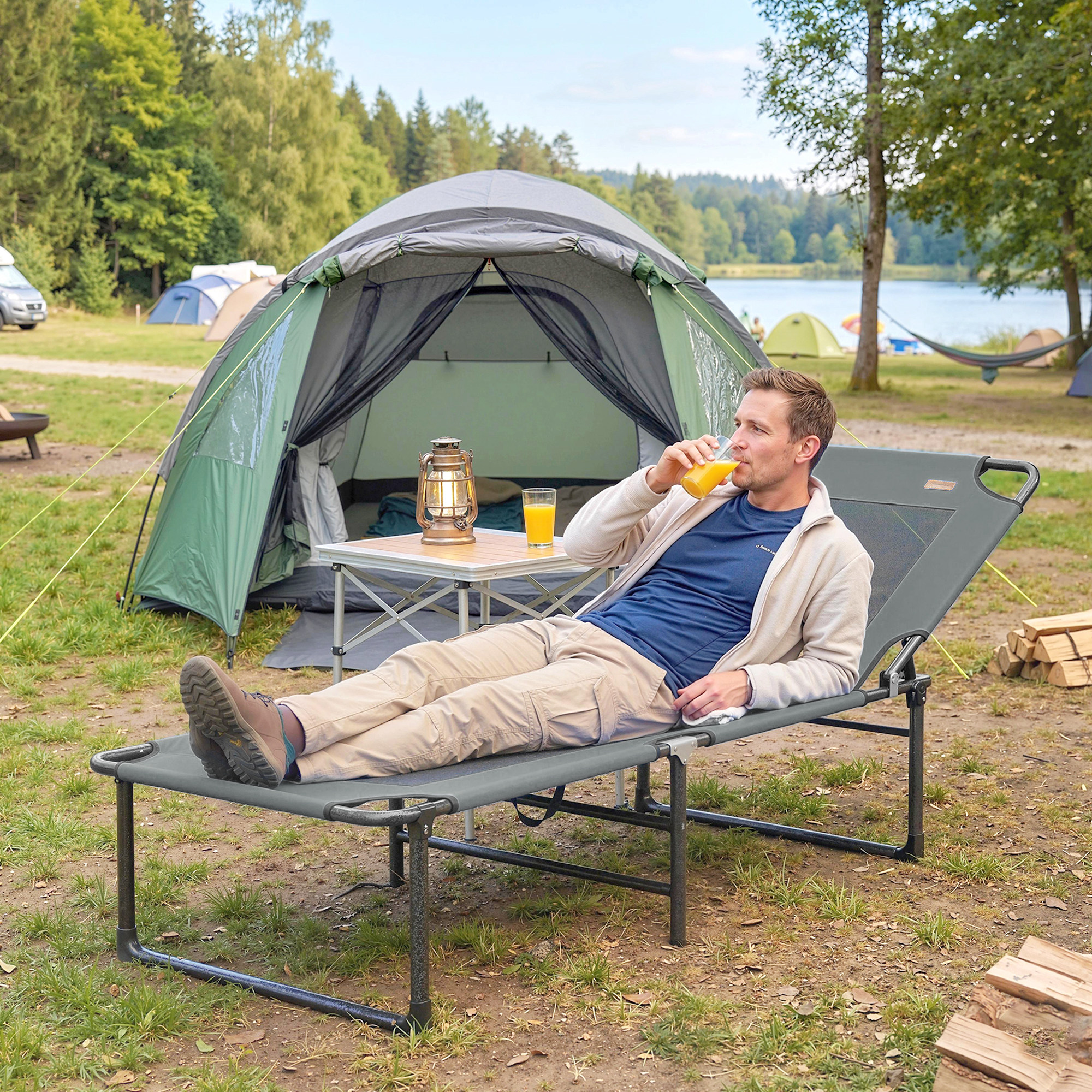 Uomo beve succo su lettino da campo davanti a tenda sul lago. Alberi e altre tende sfondo.