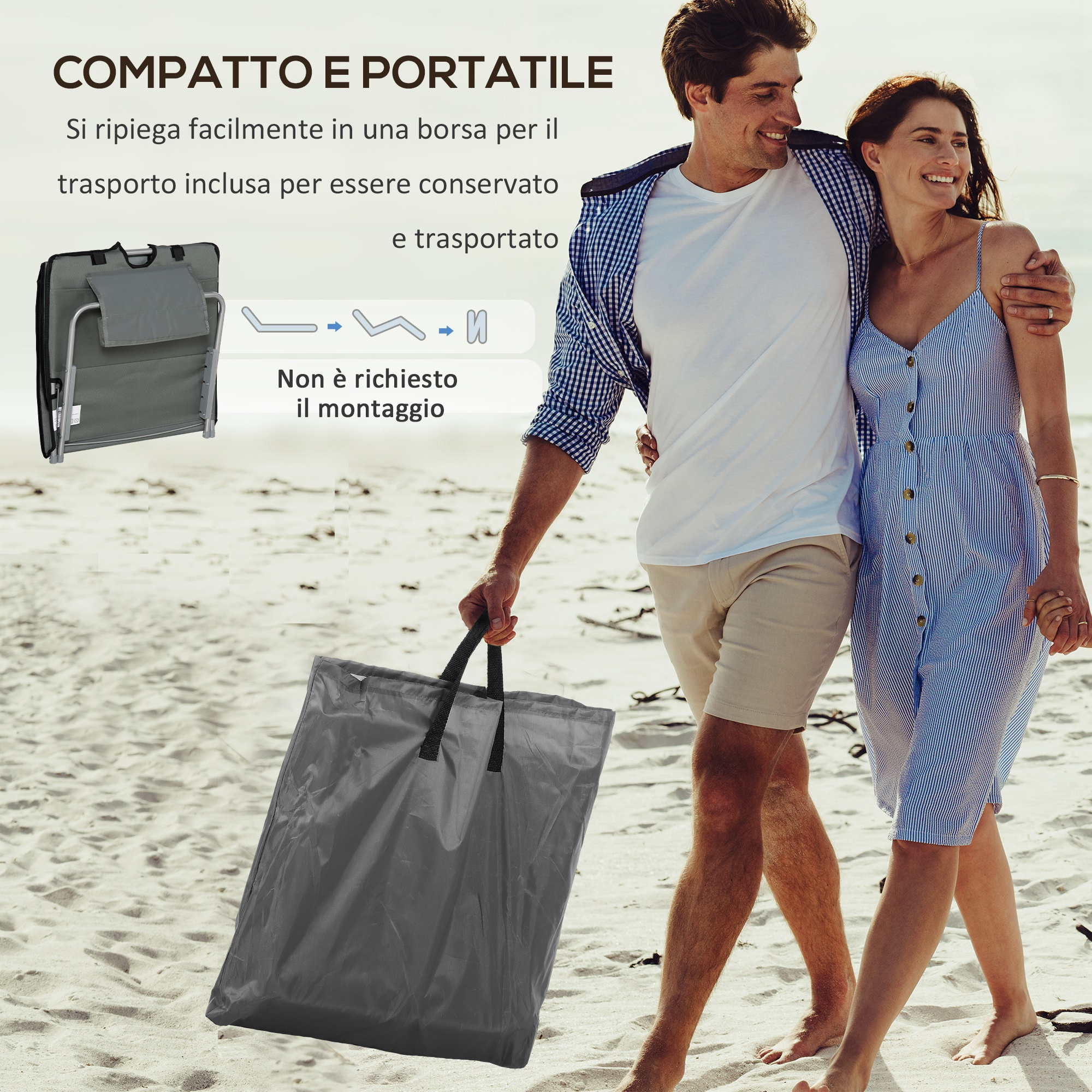 Una coppia cammina sulla spiaggia, l'uomo porta una borsa.