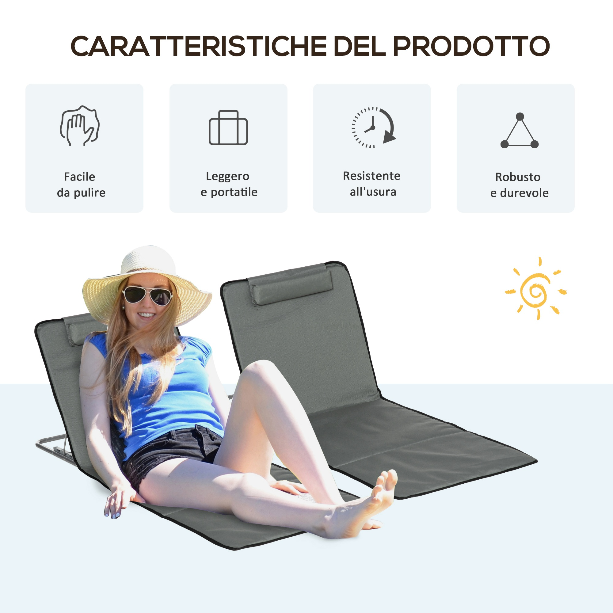 Una donna sdraiata su un telo mare grigio, con cappello e occhiali da sole. Caratteristiche del prodotto in alto.