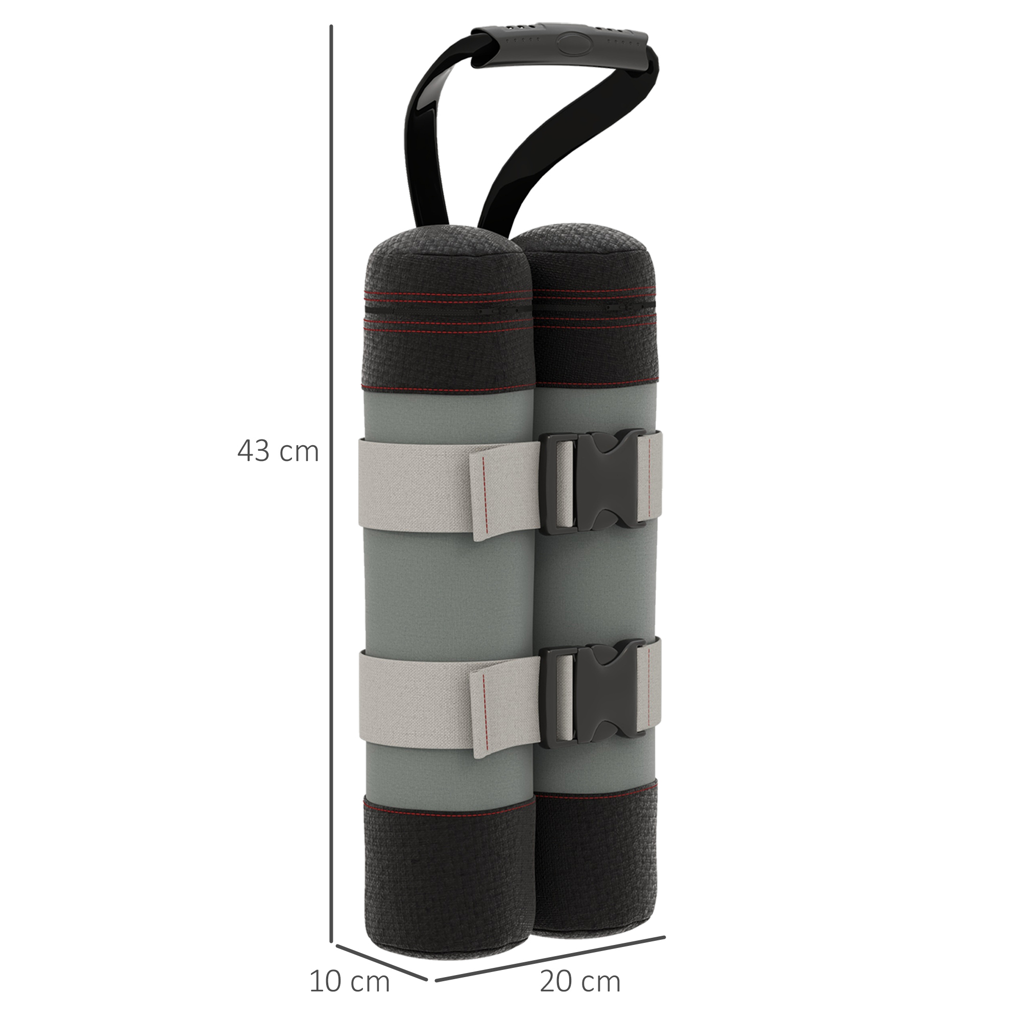 Due barre pesanti grigie con manico e cinghie nere, alte 43 cm.
