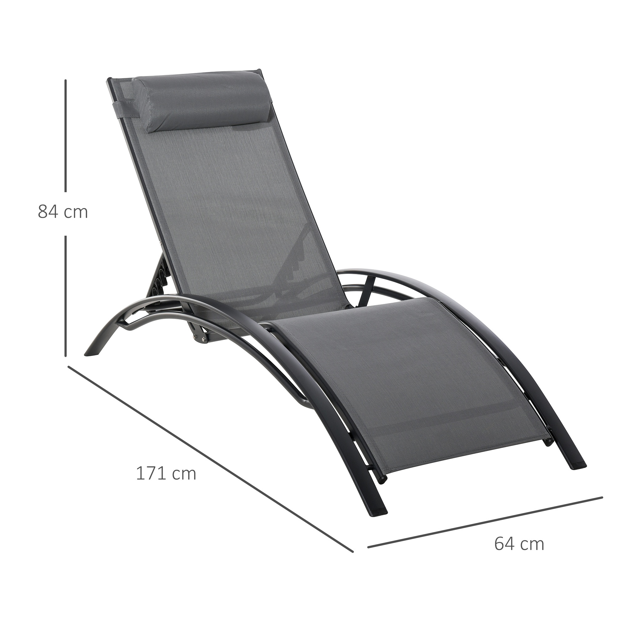 Sdraio grigio con telaio in metallo nero. Dimensioni indicate.