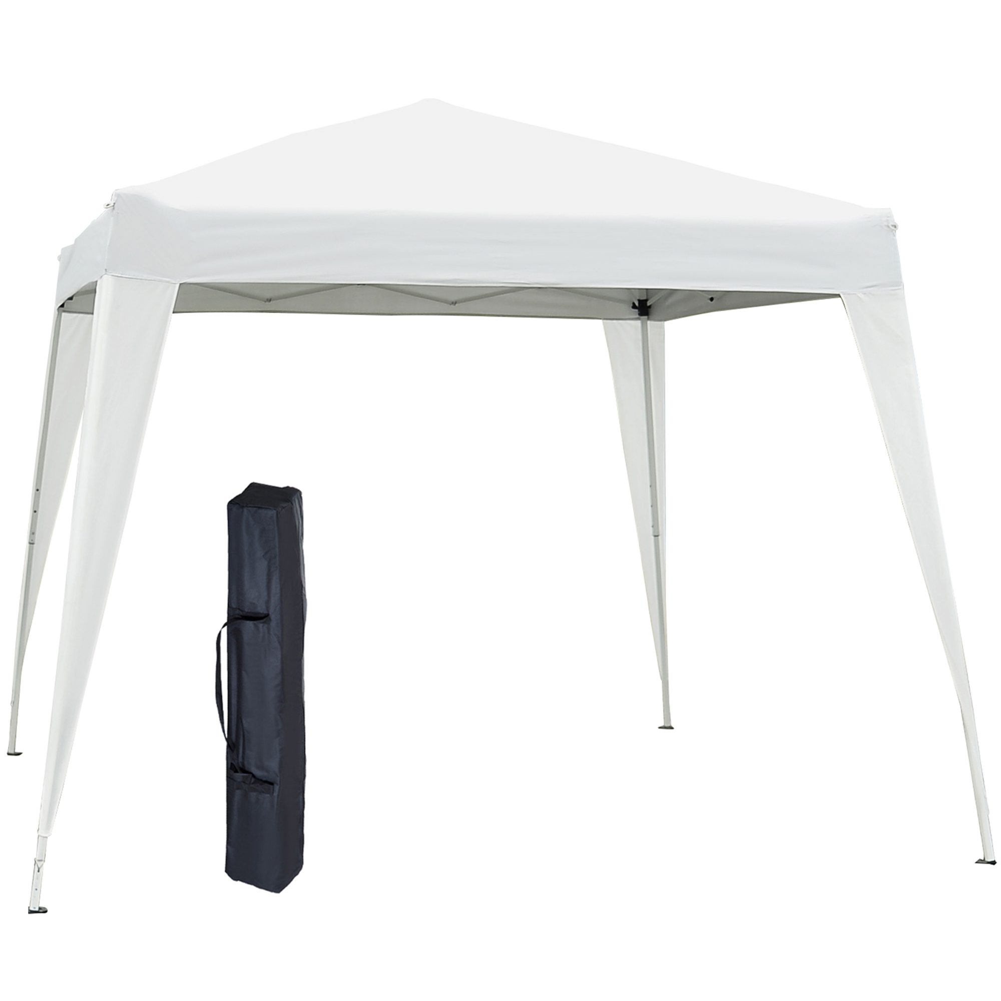 Una tenda pop-up bianca con una borsa da trasporto nera accanto.