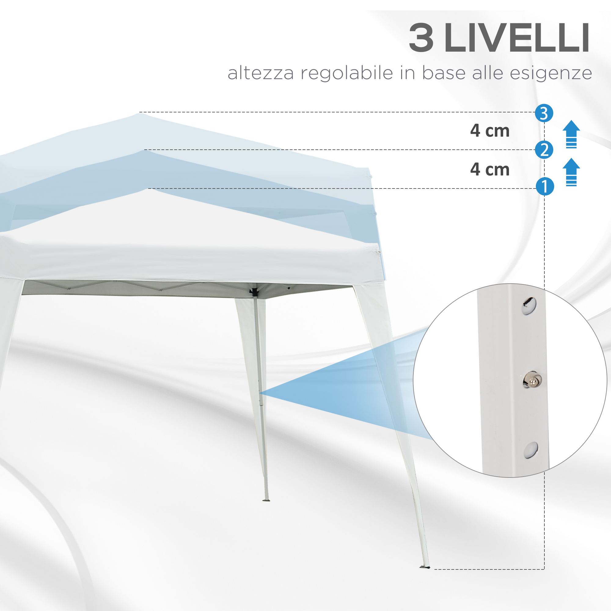 Un gazebo bianco con impostazioni di altezza regolabili, etichettato 1, 2 e 3, che mostra incrementi di 4 cm tra i livelli.