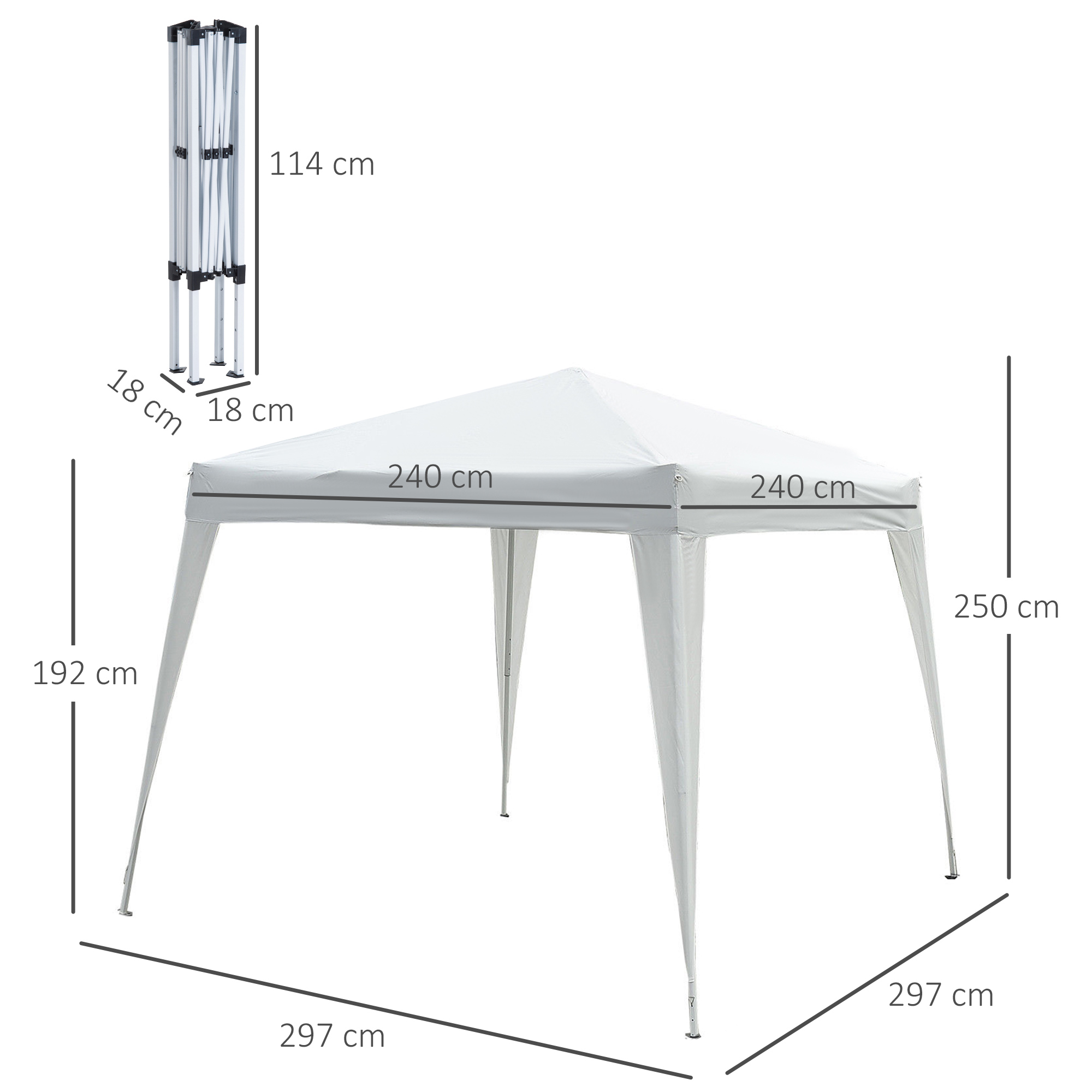 Una tenda gazebo bianca con dimensioni, accanto una struttura piegata.
