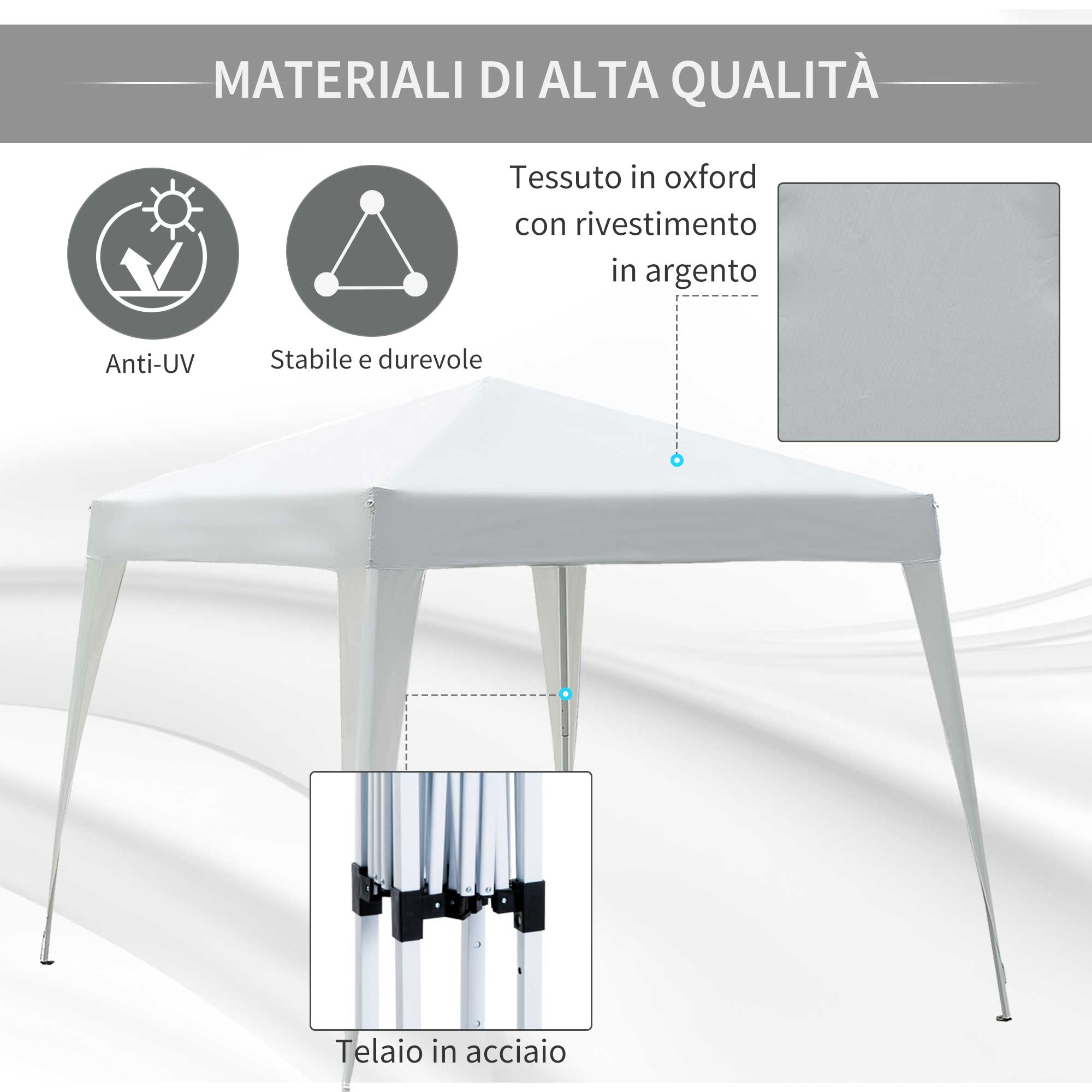 Una tenda argentata con telaio in acciaio e anti-UV.