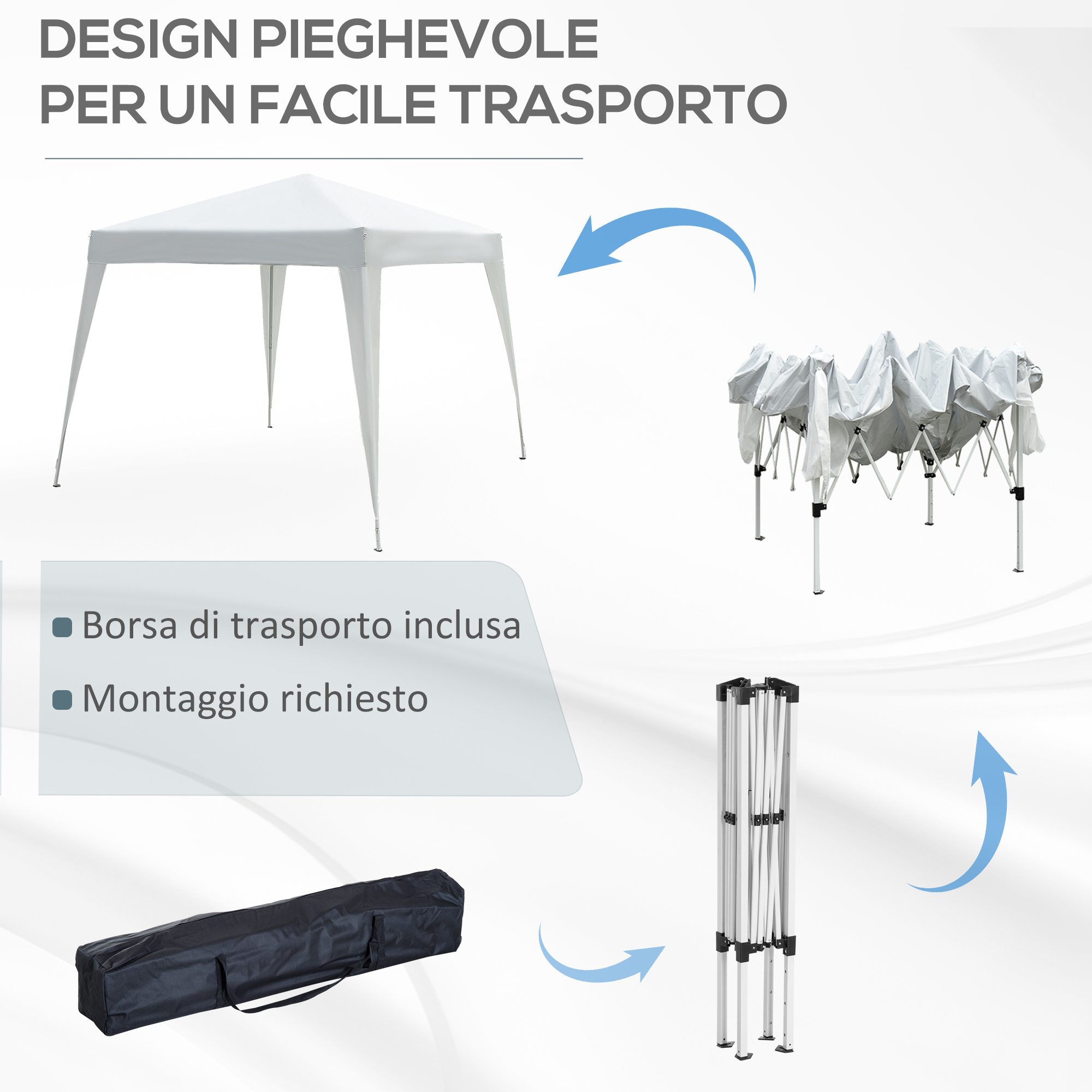 Una tenda bianca, telaio piegato e borsa da trasporto nera.