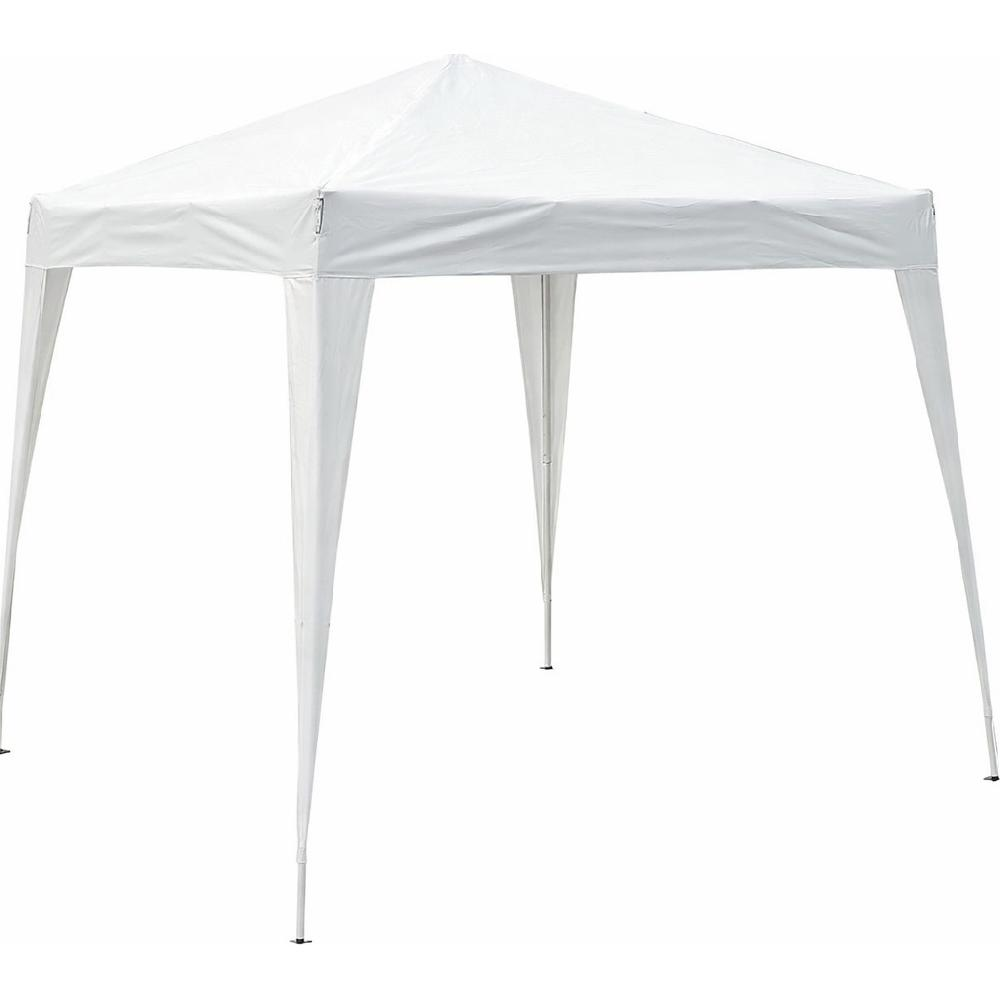 Una tenda gazebo bianca a quattro gambe, isolata su sfondo bianco.