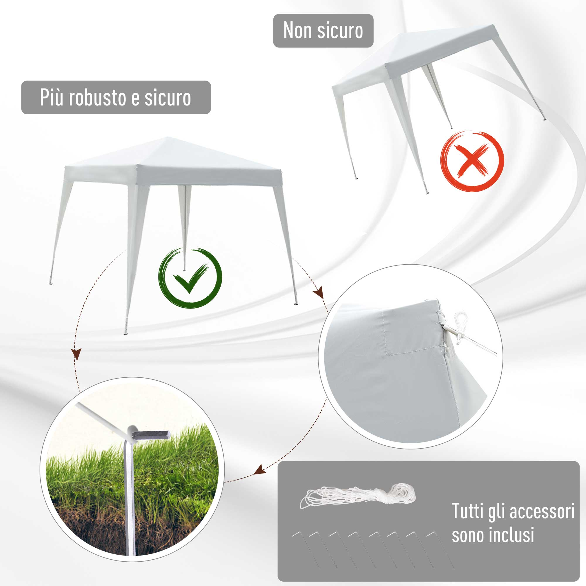 Gazebo bianchi: stabili vs instabili, con accessori.