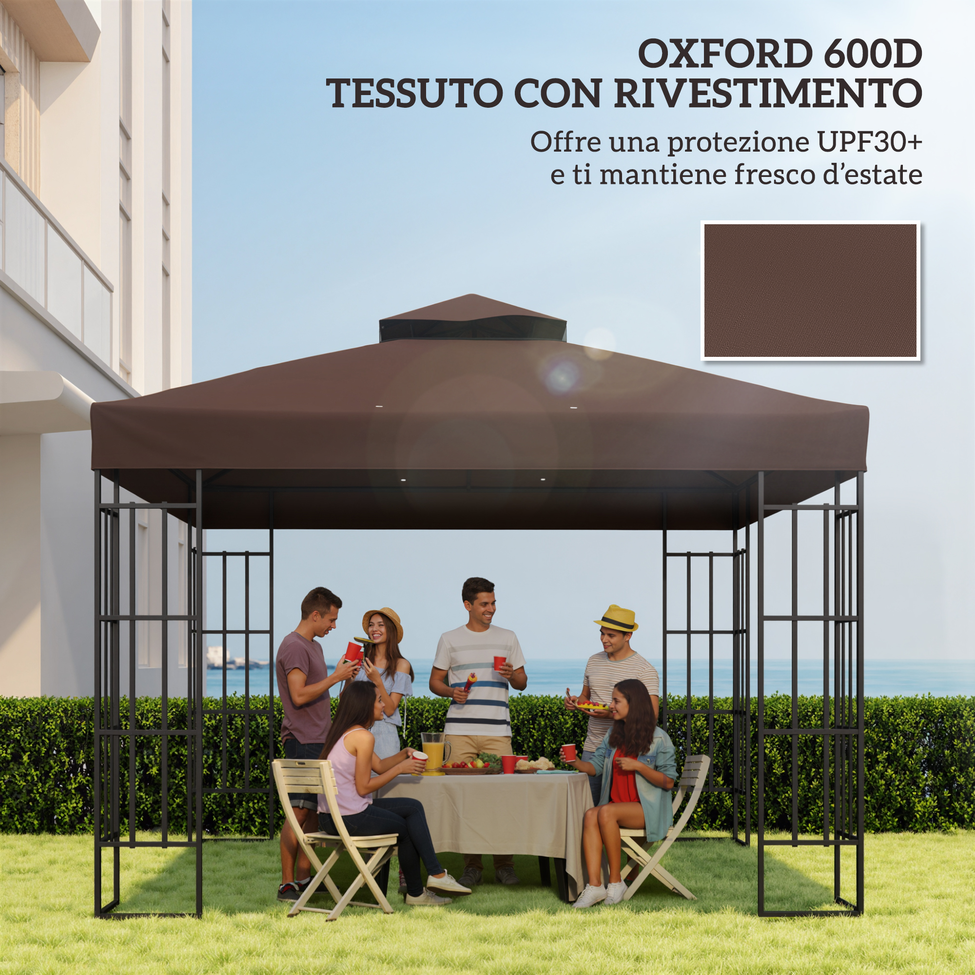 Un gruppo di amici fa un picnic sotto un gazebo marrone in un cortile.