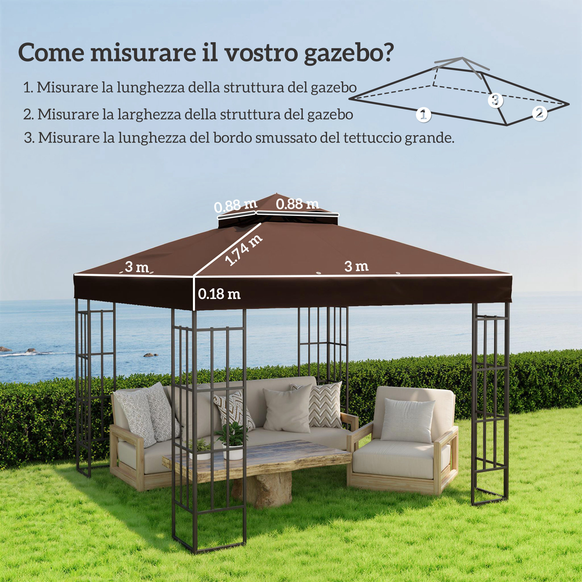 Un gazebo marrone con sedute all'aperto, le misure sono indicate.